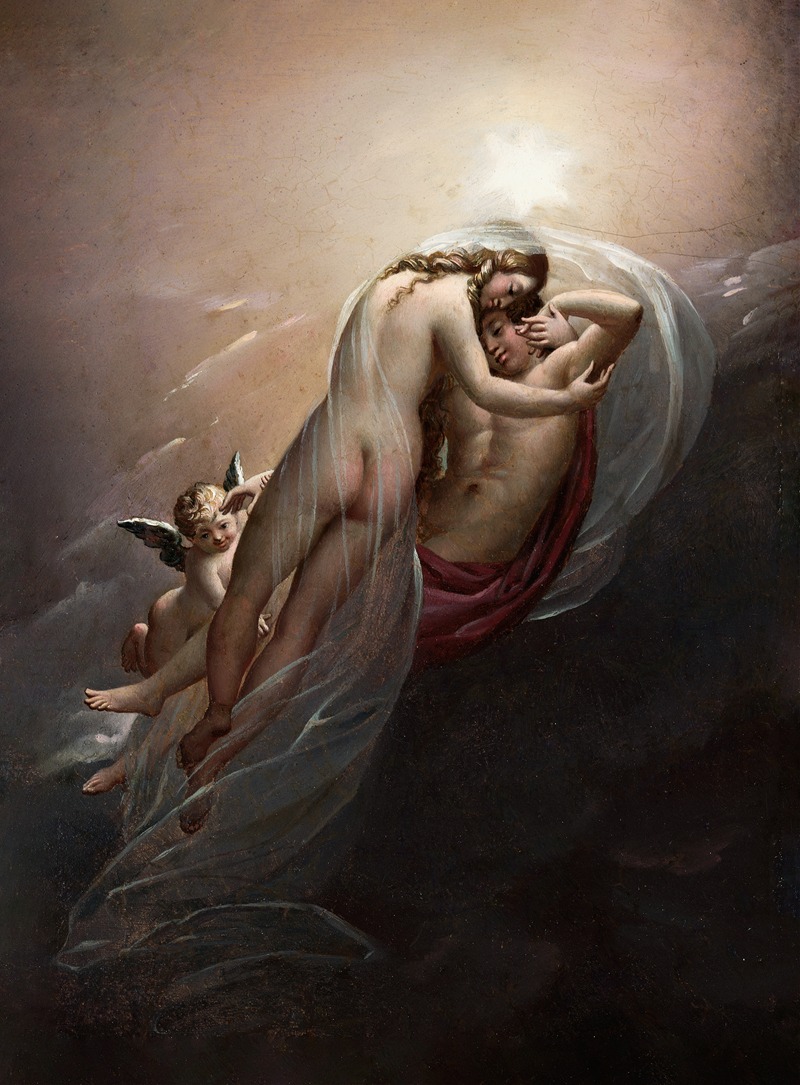 Aurora and Cephalus depicts the goddess Aurora with Cephalus in a vibrant landscape.