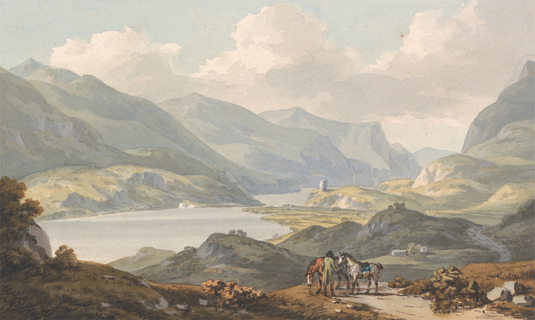 watercolour by John Warwick Smith depicting a landscape with a road and mountains