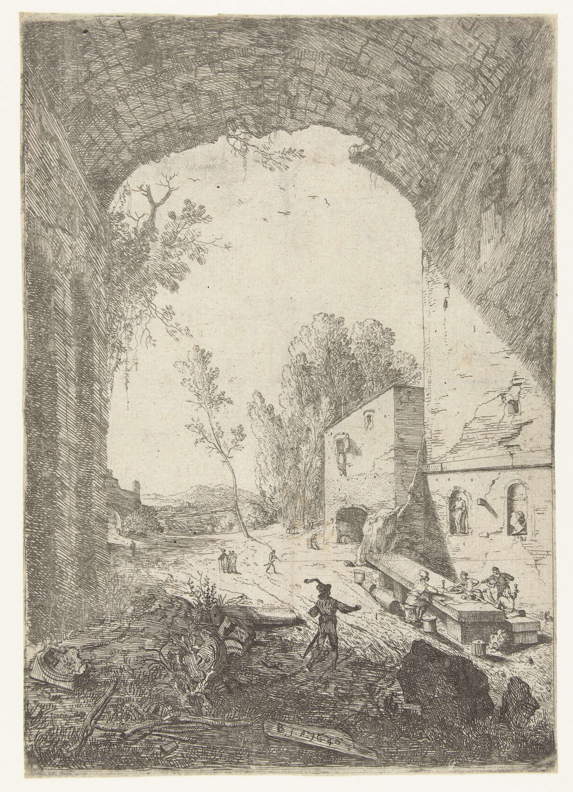 Herberg bij de Grotta della Ninfa Egeria etching by Bartholomeus Breenbergh depicting a tranquil landscape.