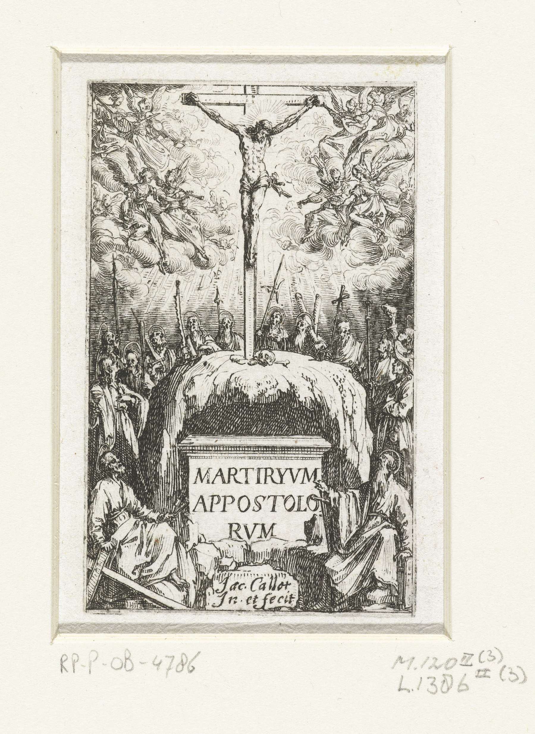 Titelprent voor de prentreeks 'De kleine apostelen' (Het martelaarschap van de apostelen), by Jacques Callot, public domain