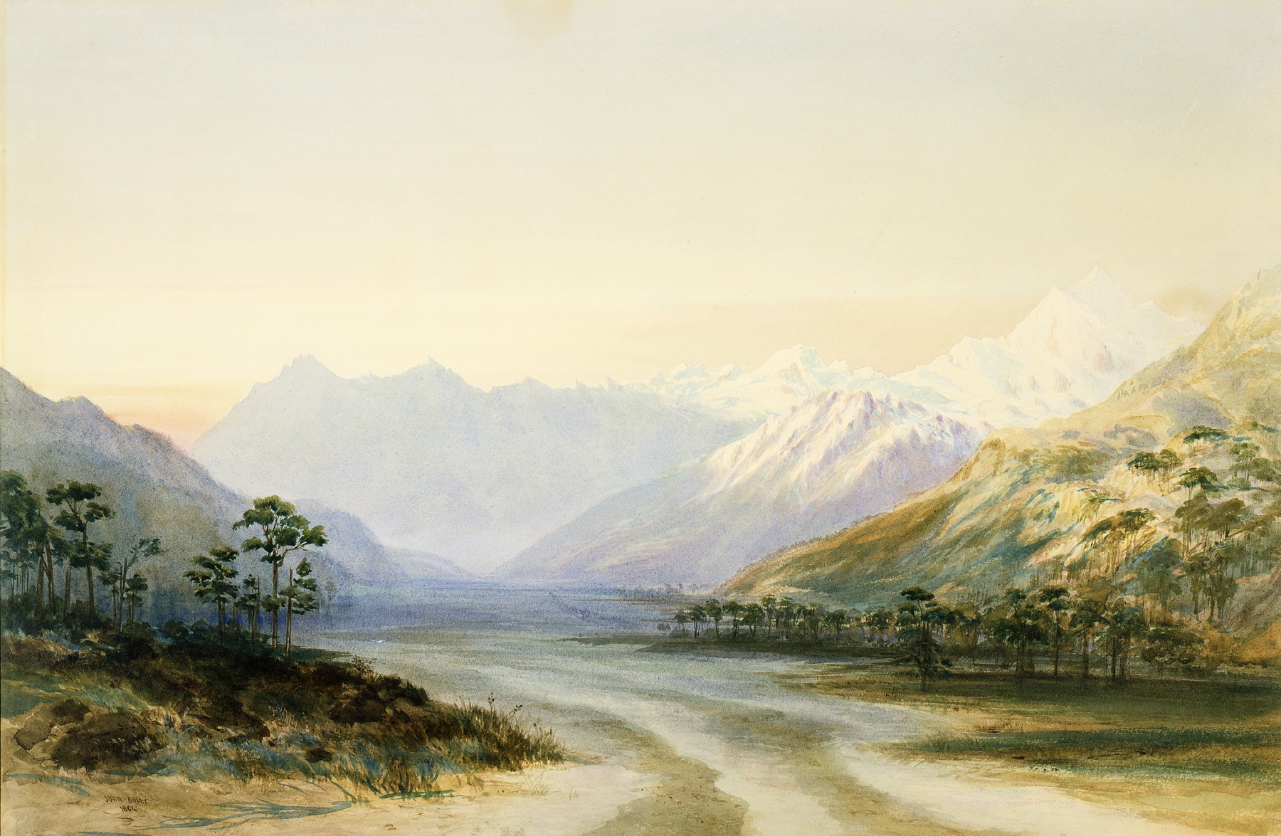 Landscape of Mount Cook by John Gully, oil painting featuring snow and majestic peaks.