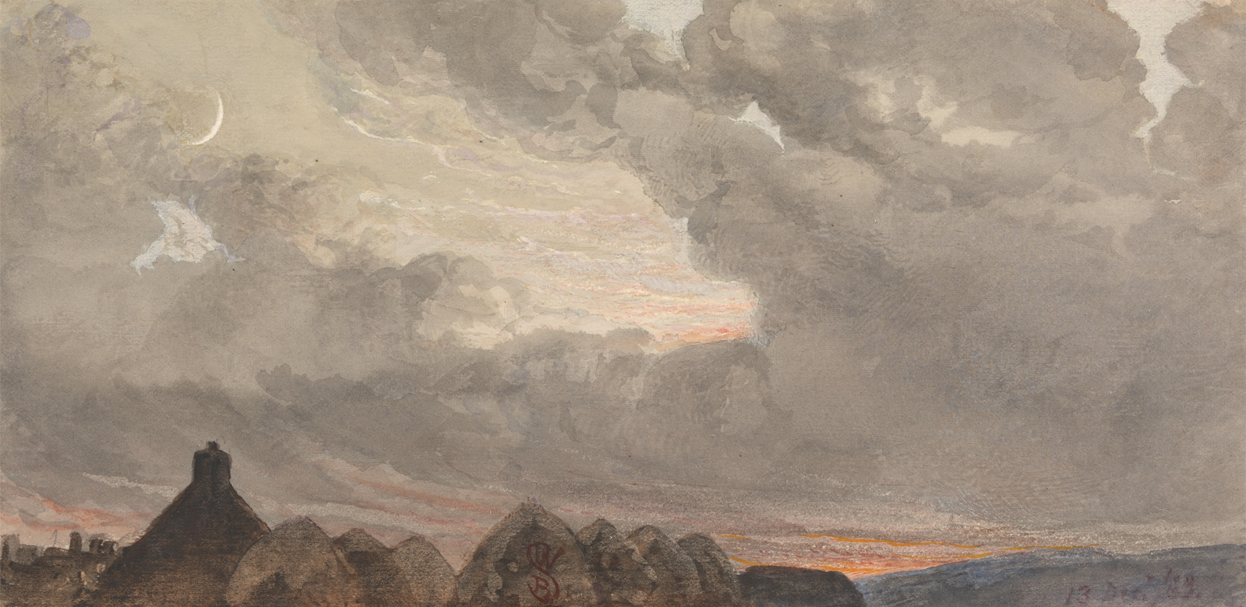 The New Moon by William Bell Scott, oil on canvas depicting a night landscape with a crescent moon.