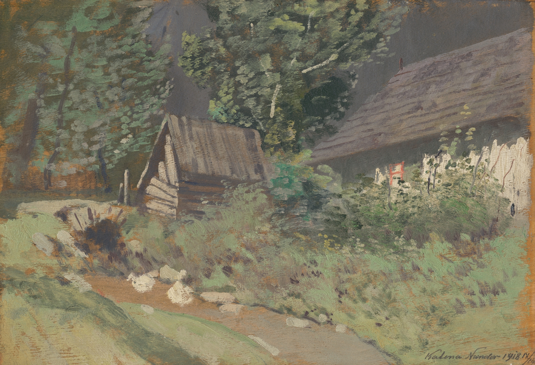 Landscape oil painting by Ferdinand Katona featuring a barn and soft colors