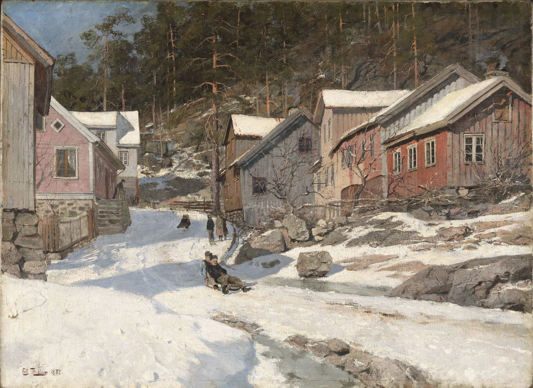 Street in Kragerø by Frits Thaulow, oil painting depicting a canal and cobblestone path