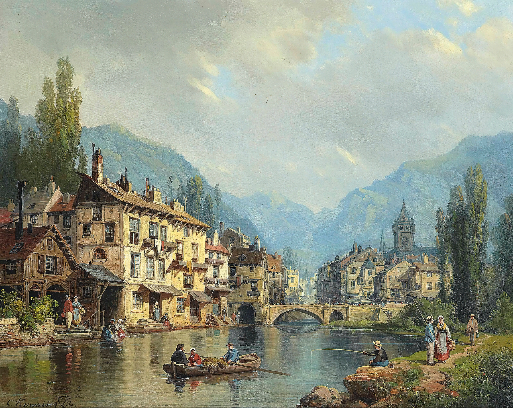 An Alpine Town In Spring by Charles Euphrasie Kuwasseg, oil on canvas depicting a tranquil village in the mountains.