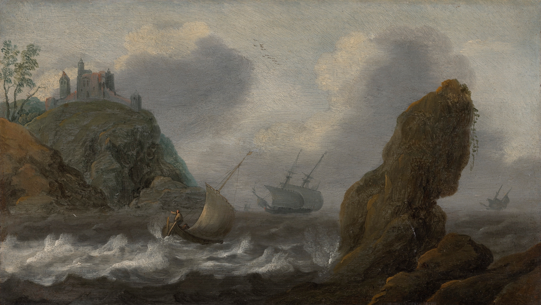 The Storm by Julius Porcellis, oil painting depicting a turbulent sea and dark clouds.