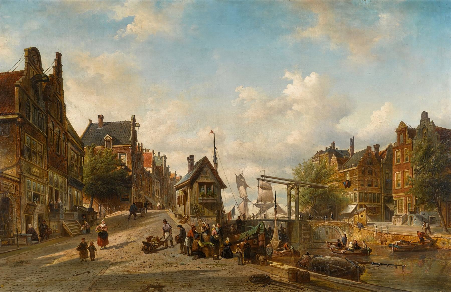 The Singel and Brouwersgracht, Amsterdam by Elias Pieter van Bommel, oil on canvas depicting a twilight cityscape.