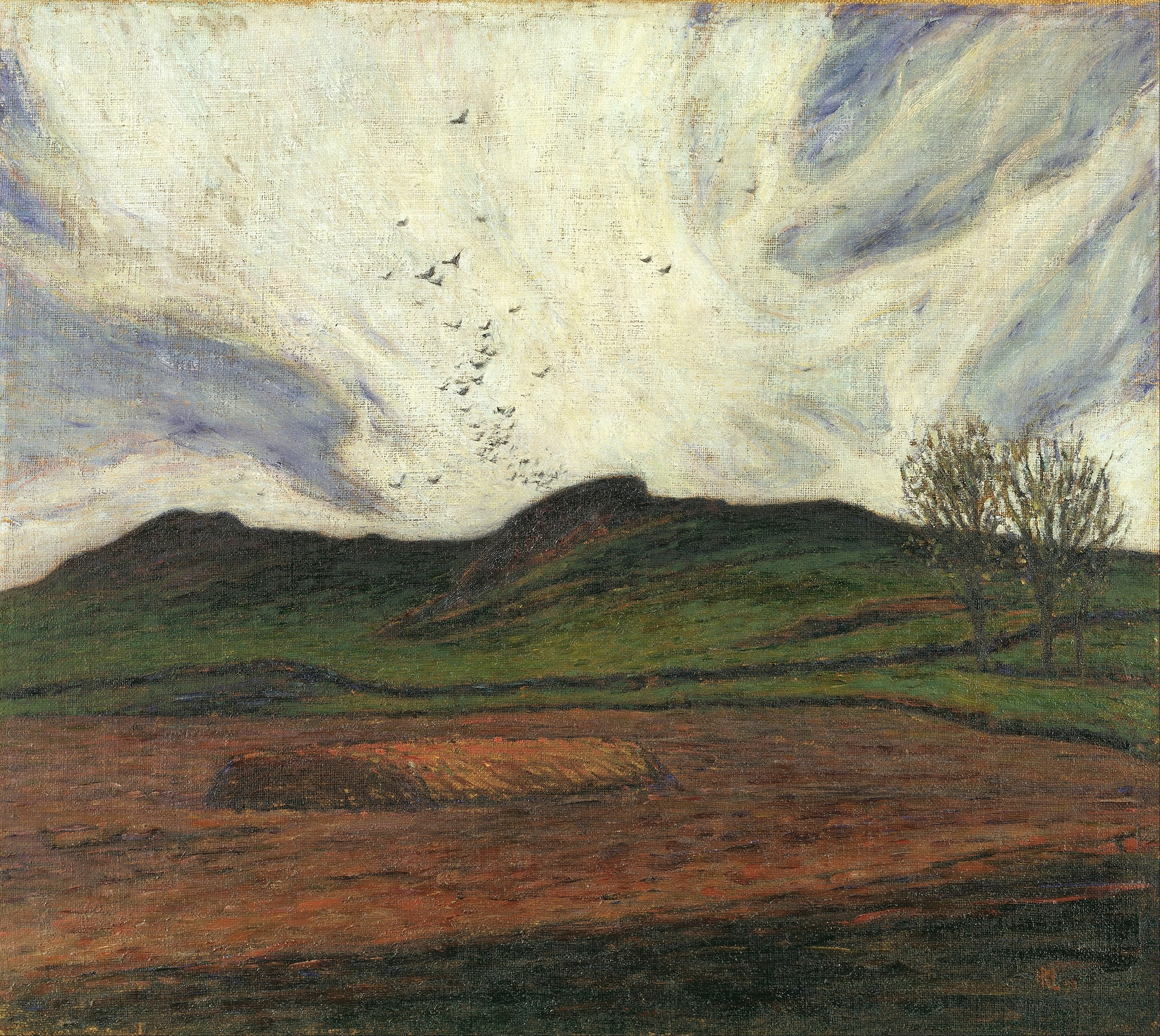 Storm Clouds by Karl Nordström, oil painting depicting swirling storm clouds in blue and gray.