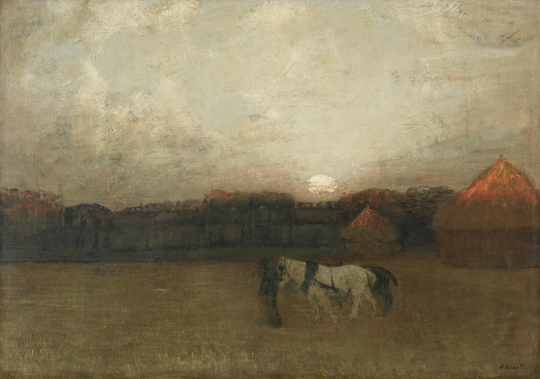 The Stubble Field by Henry Golden Dearth, oil painting depicting a quiet landscape with golden wheat and shadows.