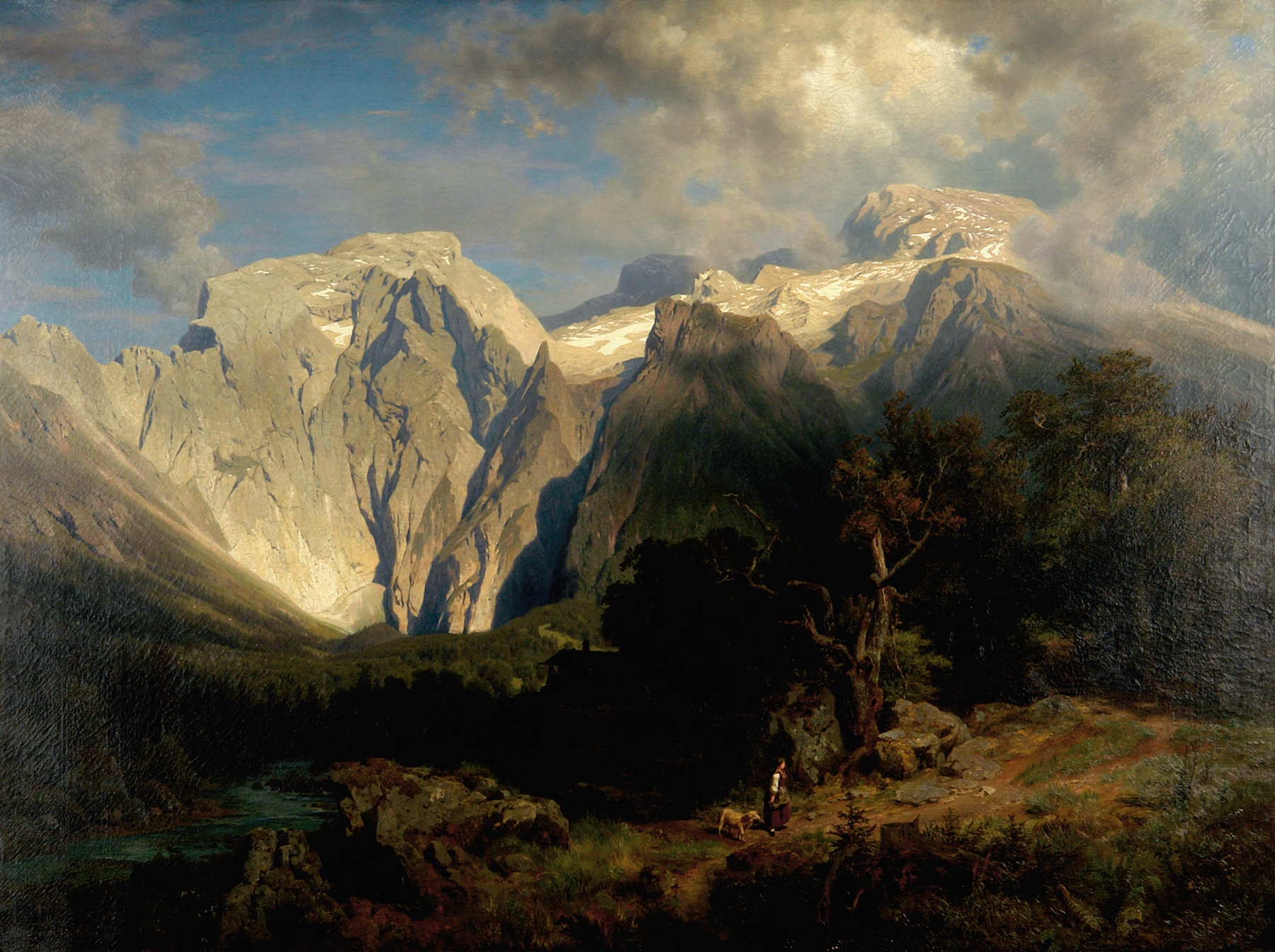 Kalkgebirgslandschaft by August Wilhelm Leu, oil painting depicting serene hills and mountains