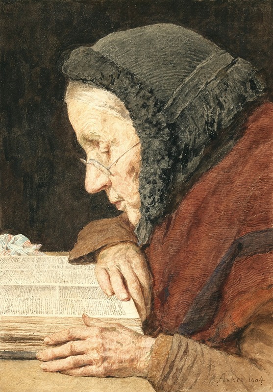 A serene depiction of an elderly woman immersed in reading the Bible.