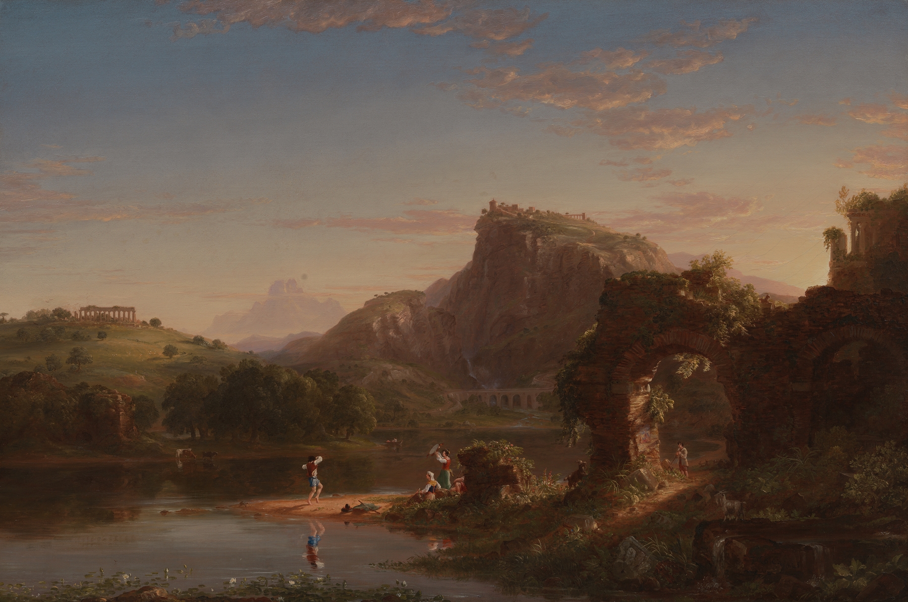 L’Allegro by Thomas Cole, oil painting depicting joyful figures in a vibrant natural setting.