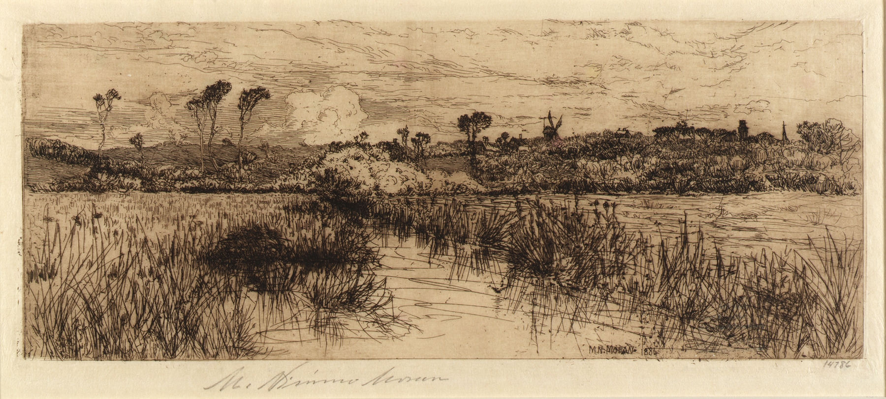 Watercolour by Mary Nimmo Moran depicting a tranquil riverbank with foliage and reflections