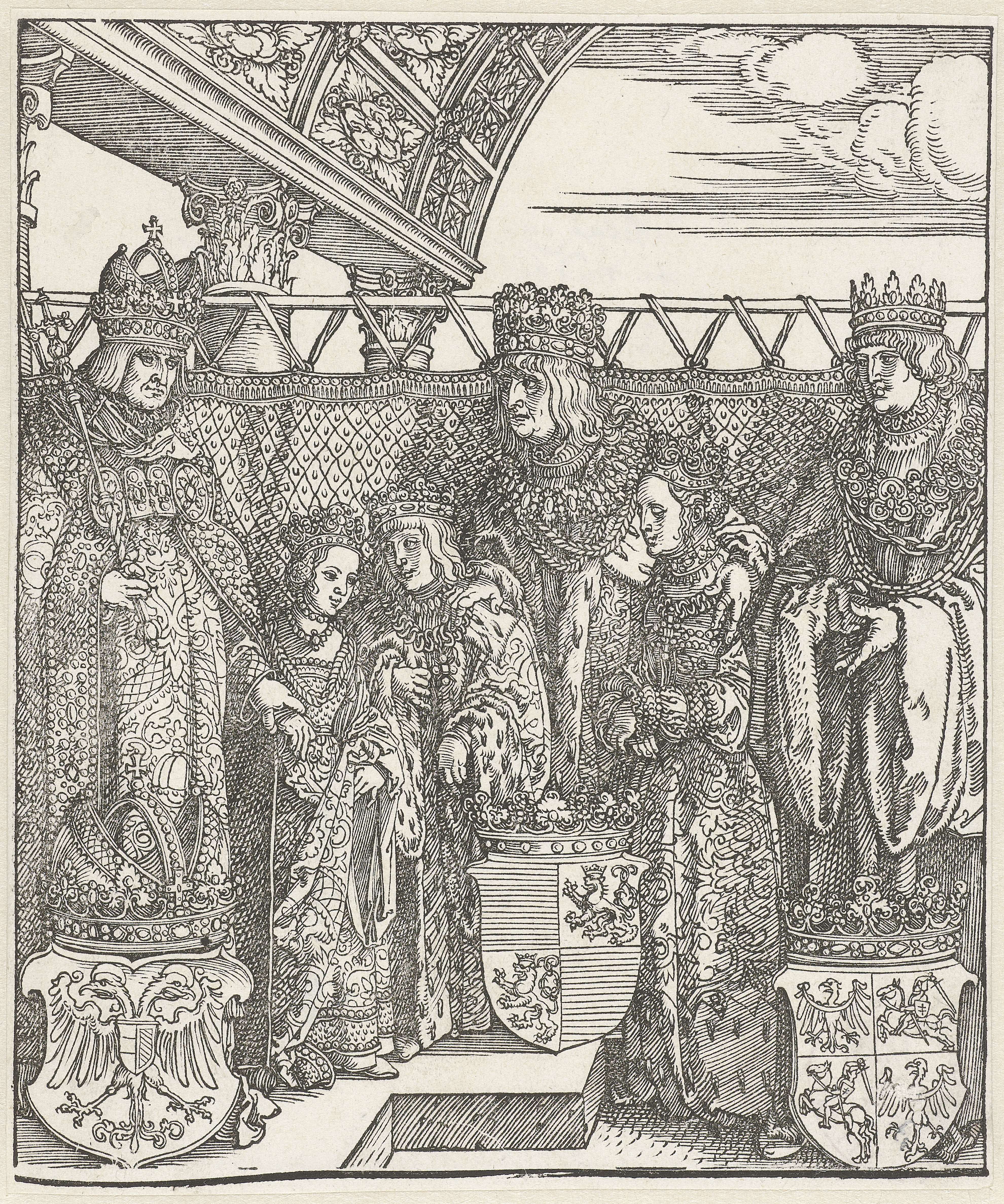 Het Weense dubbelhuwelijk: Maximiliaan bespreekt met de koning van Hongarije en zijn broer de huwelijken tussen hun (klein)kinderen, by Albrecht Dürer, public domain