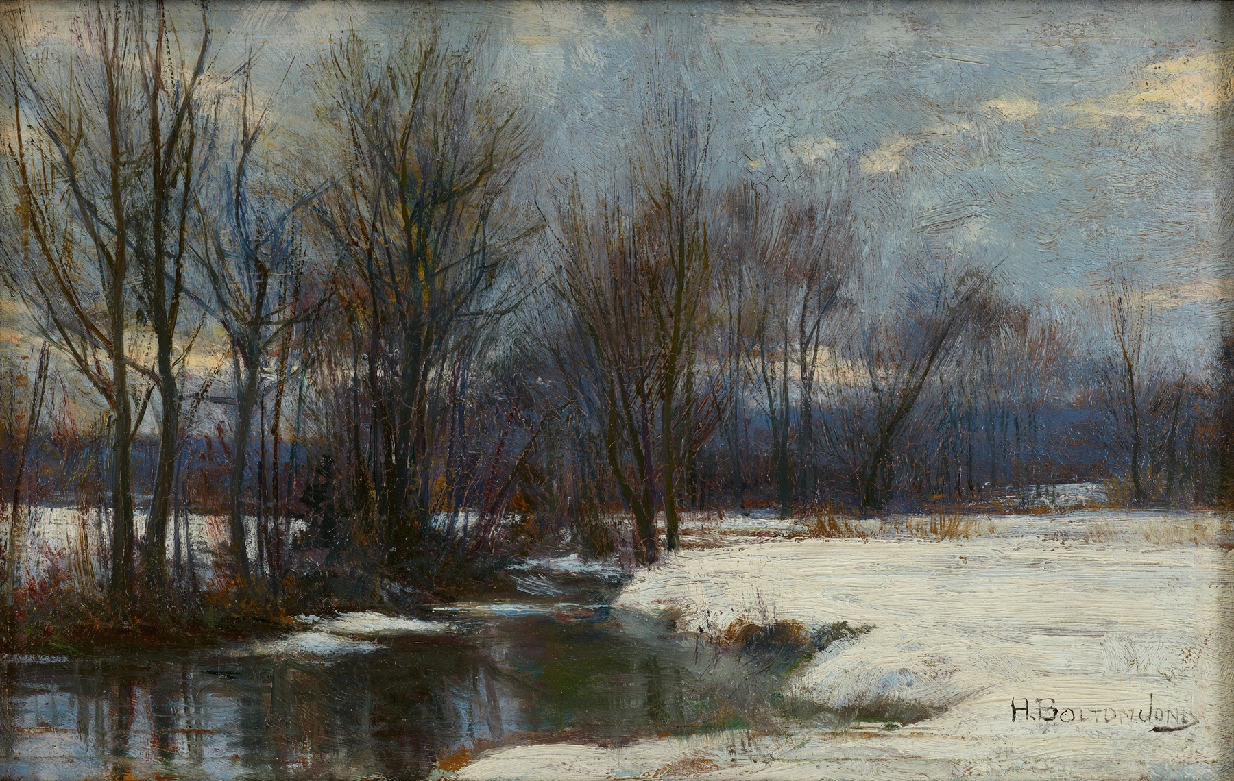 Winter landscape by Hugh Bolton Jones, oil painting depicting snow-covered ground and trees.