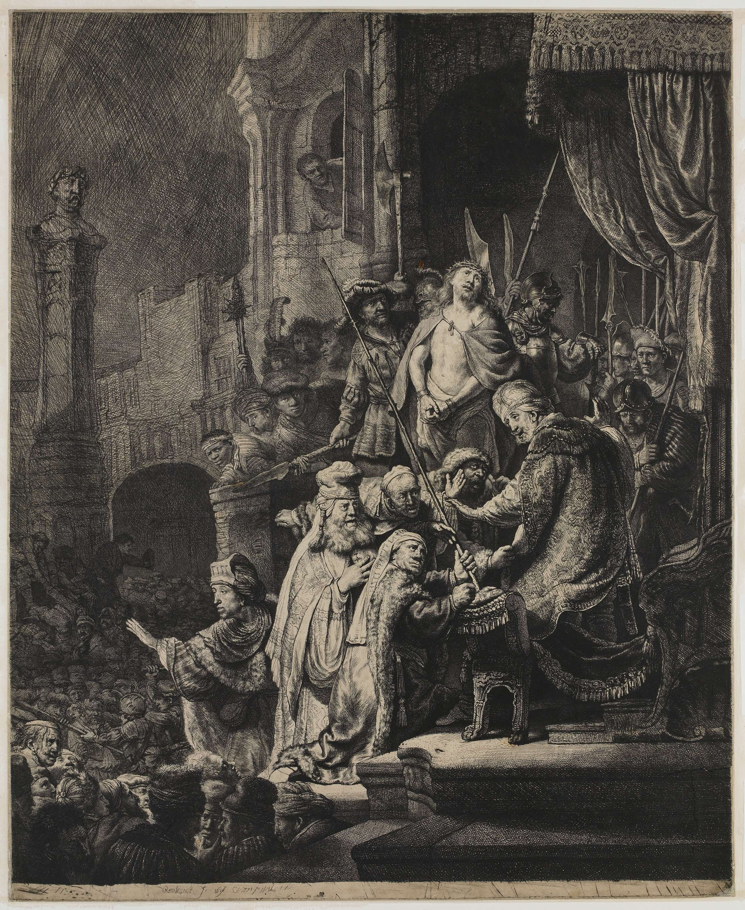 Etching by Rembrandt van Rijn depicting Christ before Pilate surrounded by a crowd.