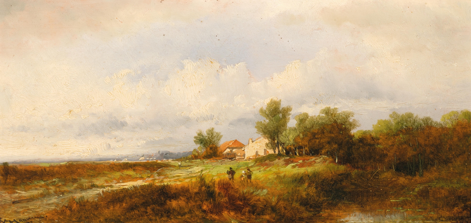 Landscape with homecoming figures, oil painting by Remigius Adrianus van Haanen