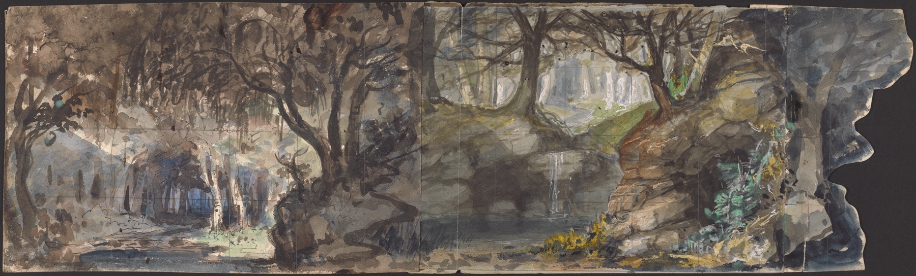 Design for Midsummer Night’s Dream by Thomas Grieve, watercolor on paper, featuring lush foliage and ethereal light.