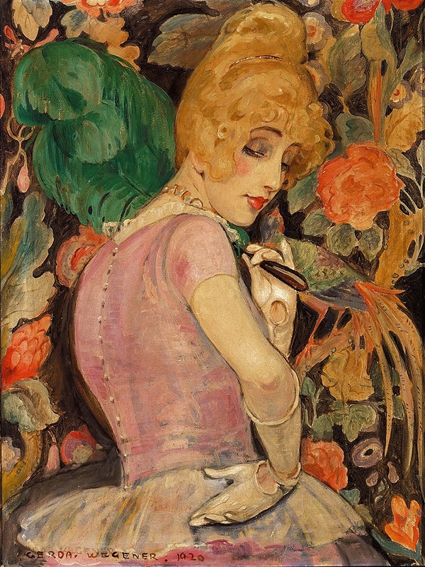 A portrait of Lili Elbe holding a green feather fan by Gerda Wegener.