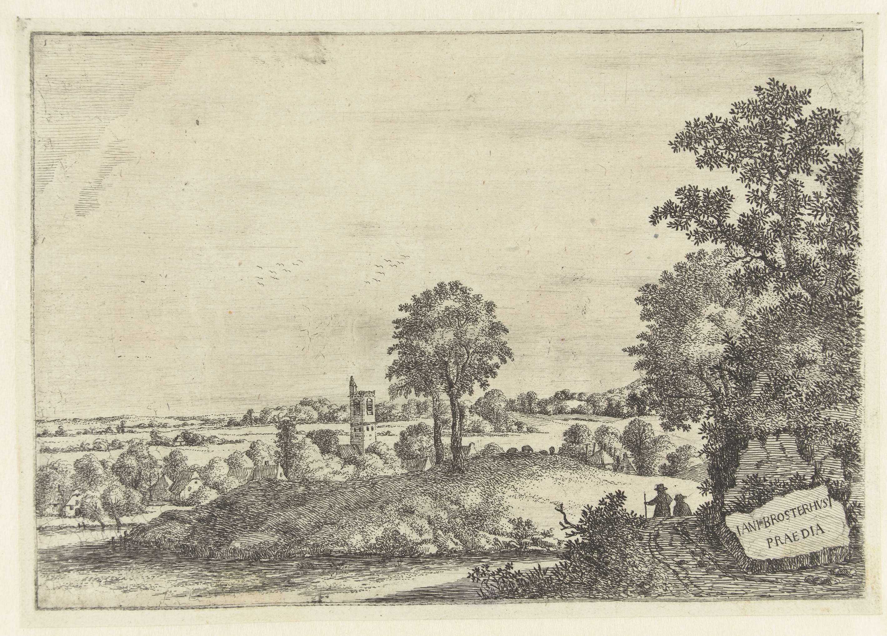 Landschap met twee mannen op een zandweg, etching by Jan van Brosterhuyzen