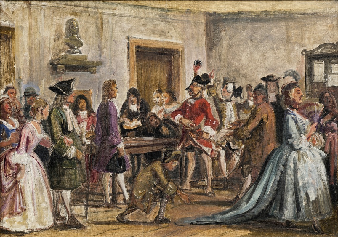 A sketch depicting a scene from Holberg's play featuring Philemon and his prosecutors.