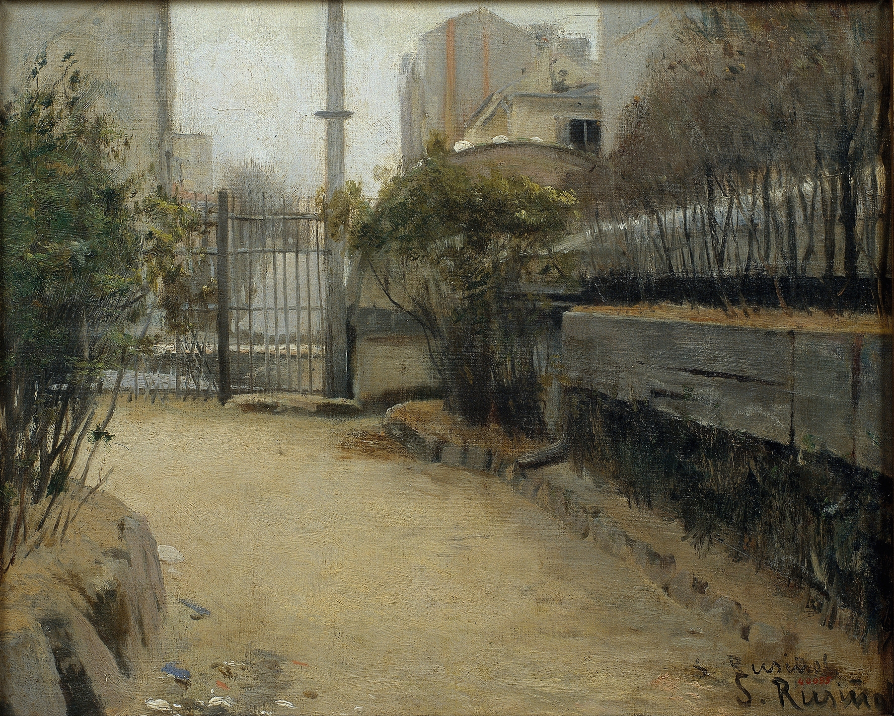 Garden of Montmartre, oil on canvas by Santiago Rusiñol featuring flowers and a figure in a lush landscape