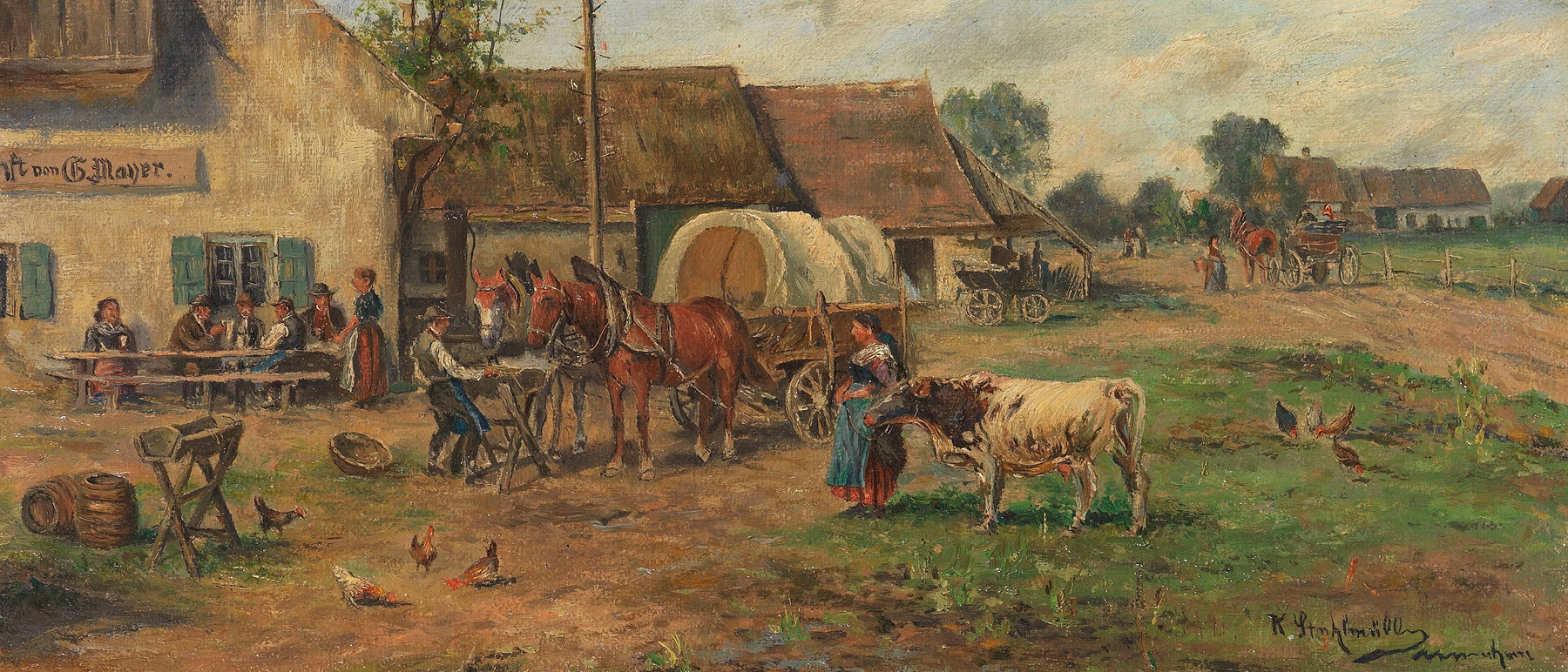 Genre scene depicting a traveler resting at a tavern, oil painting by Karl Stuhlmüller.