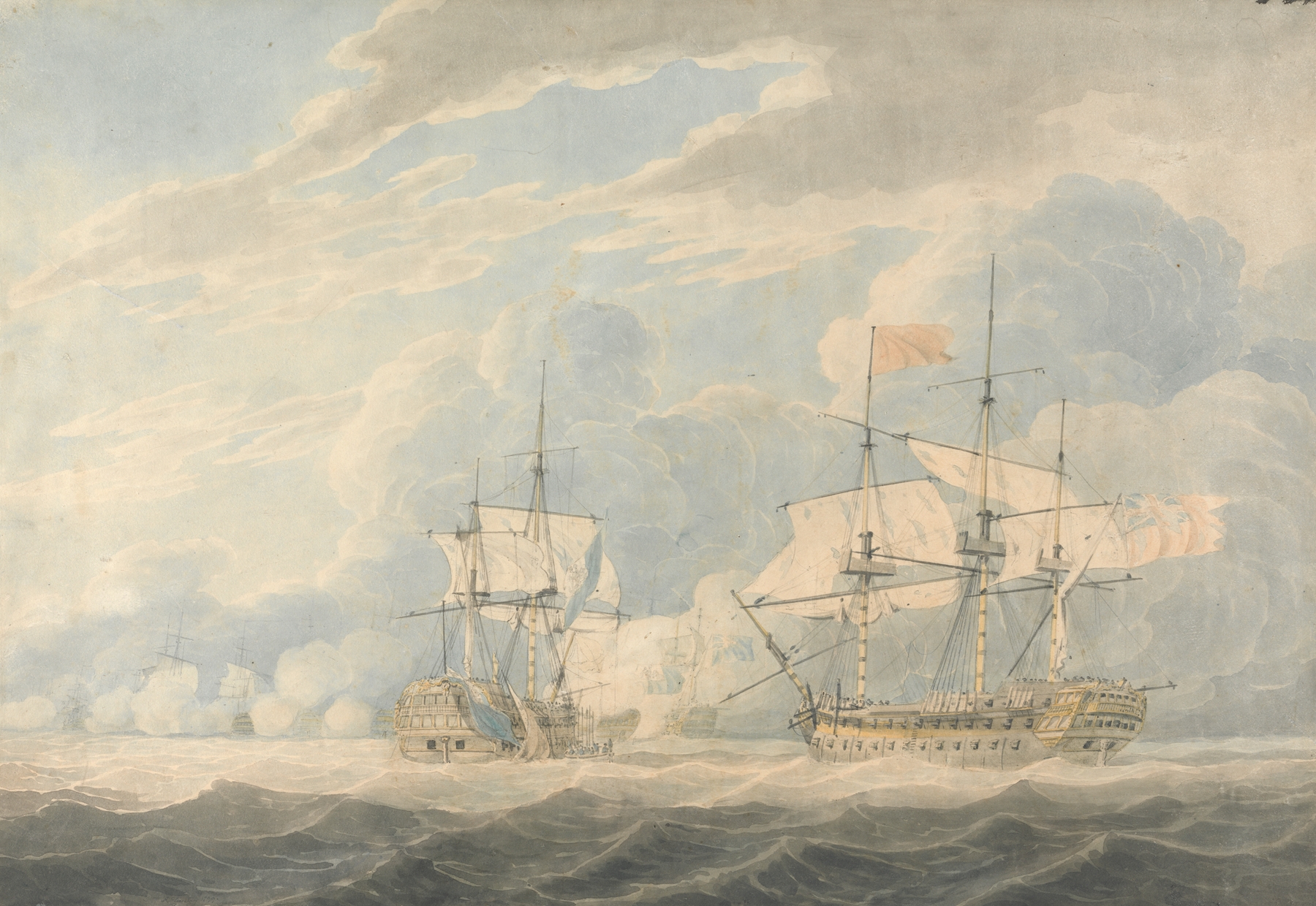 The Dutch Vice Admiral under Admiral De Winter striking his flag to the English Vice Admiral Onslow under Admiral Duncan at the Battle of Camperdown, 11th October 1797, by Robert Cleveley, public domain
