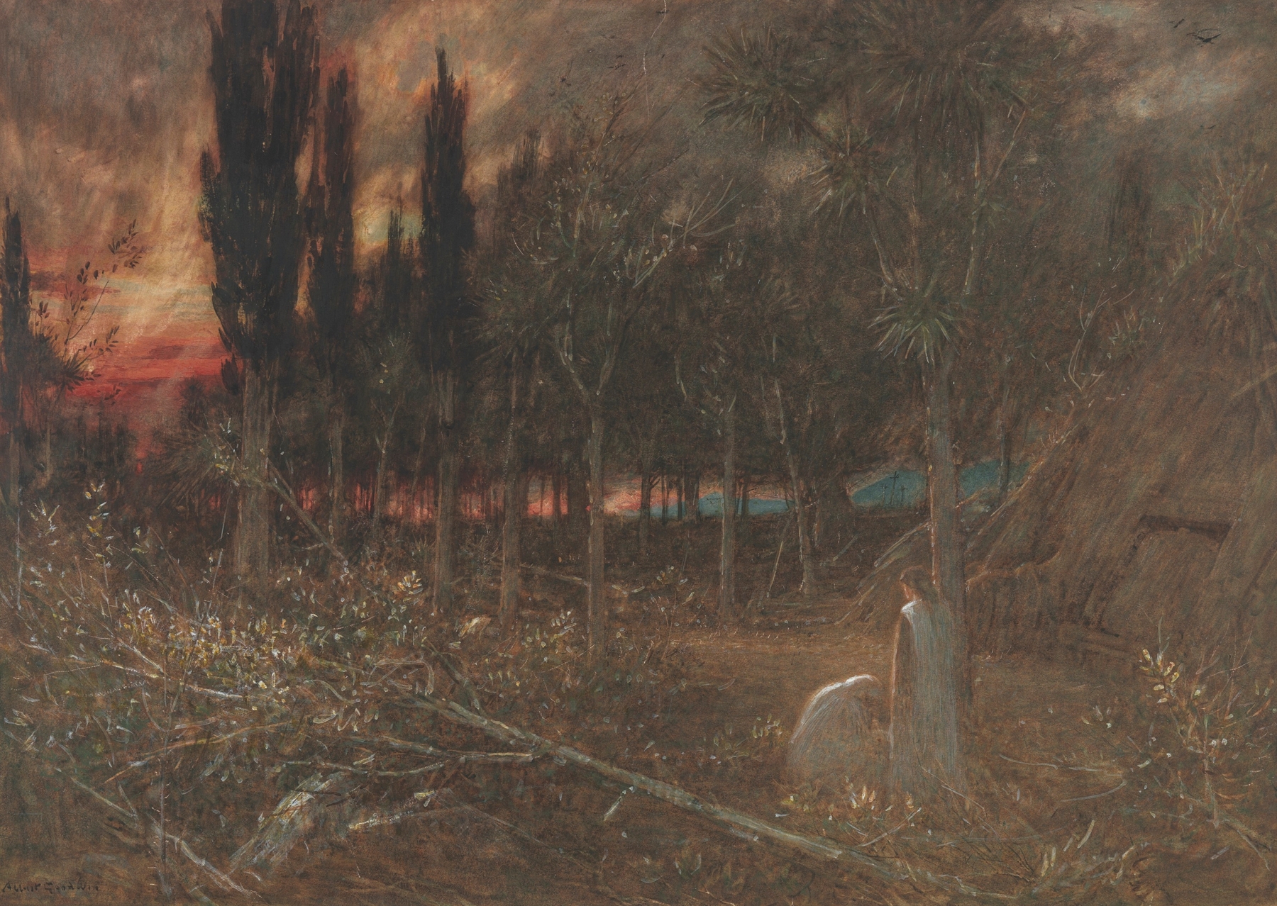 Abstract oil painting by Albert Goodwin, depicting a dark night scene with swirling shadows.