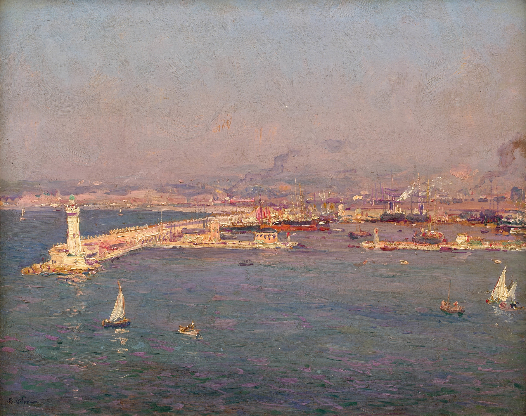 Oil painting by Jean-Baptiste Olive depicting a bustling port with boats and reflections on the sea.