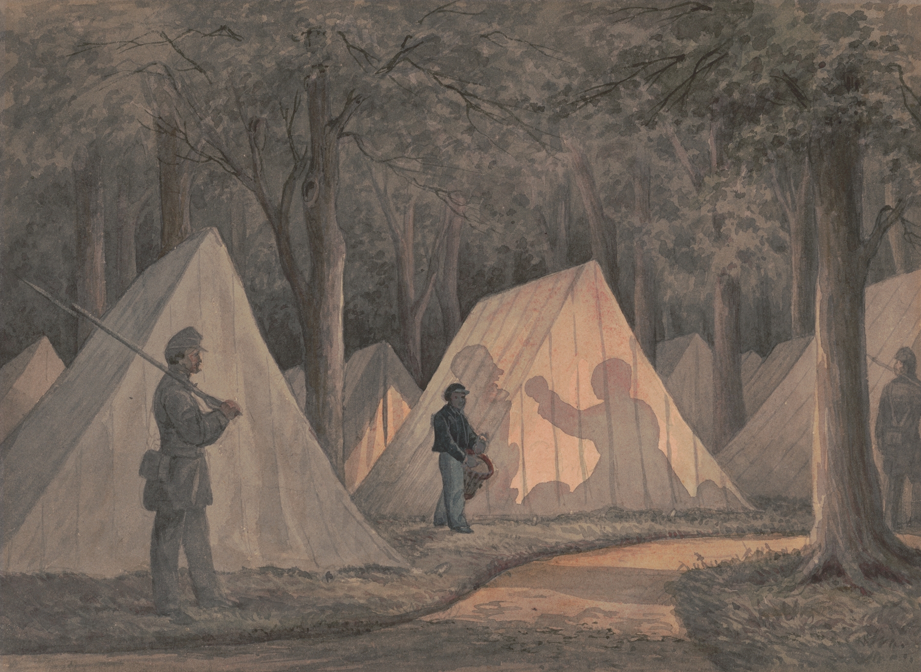Sketches with Co. B, 8th Reg. Pa. Ma. taps under the officers of the old Southwark Gaurd. Camp ‘Little Mac’, by James Fuller Queen, public domain