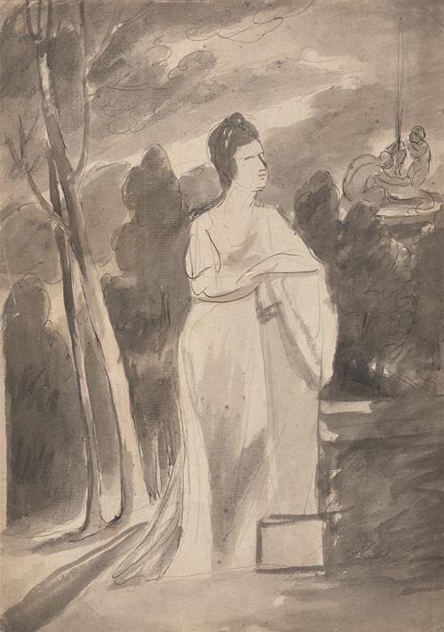 A portrait of a woman standing beside a column, painted by George Romney.