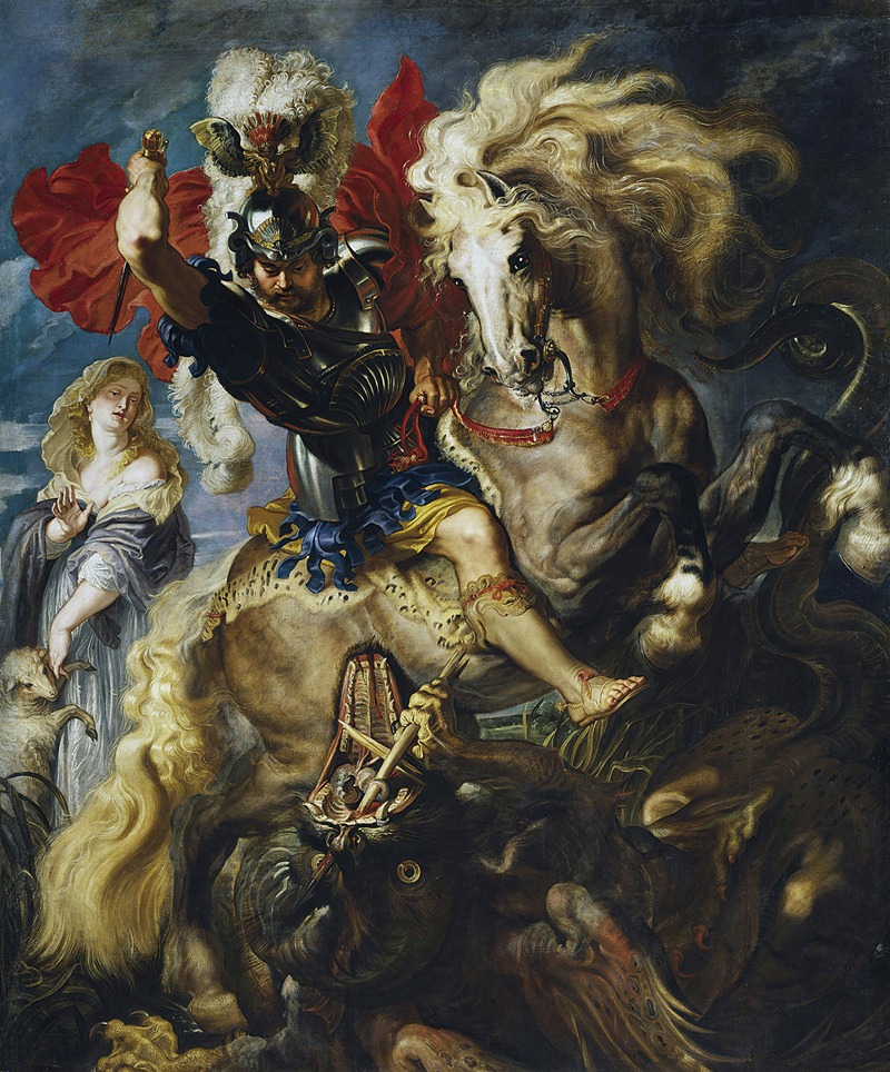 Peter Paul Rubens' 'St George Battles The Dragon' depicts a dramatic scene of heroism.