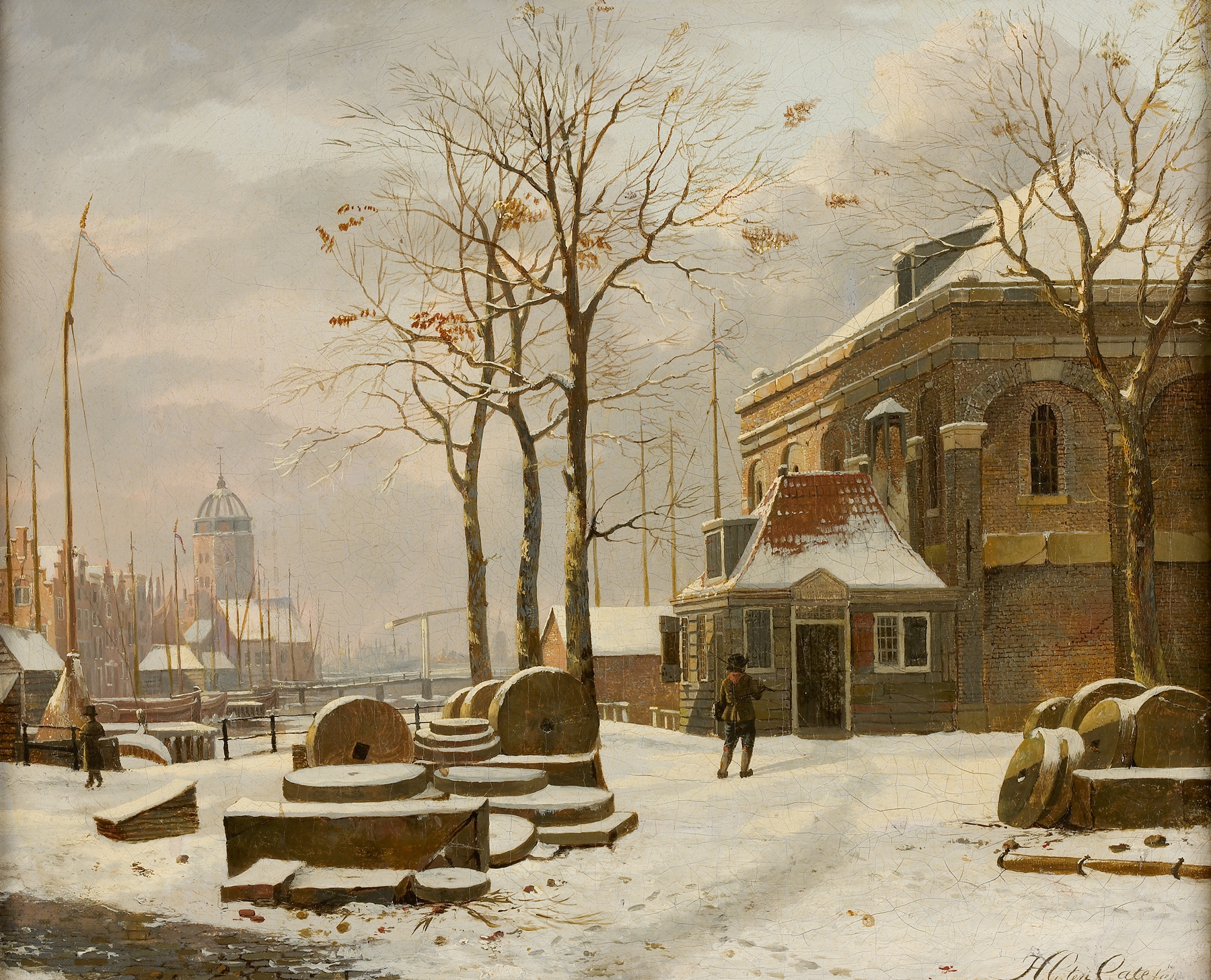 Winter cityscape by Hendrik Gerrit ten Cate, oil on canvas