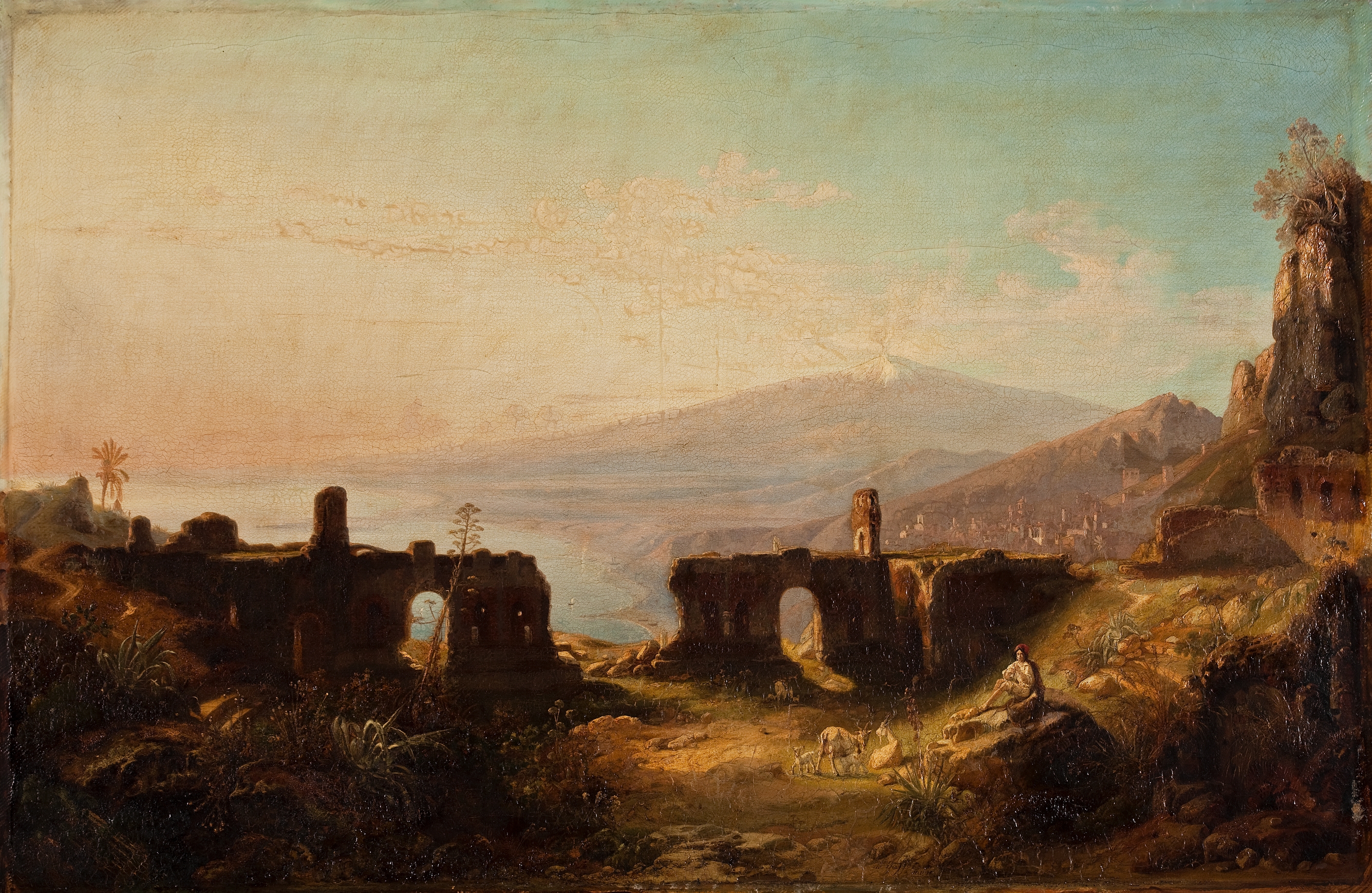 Landscape oil painting by Friedrich August Elsasser featuring ancient theatre and Mount Etna