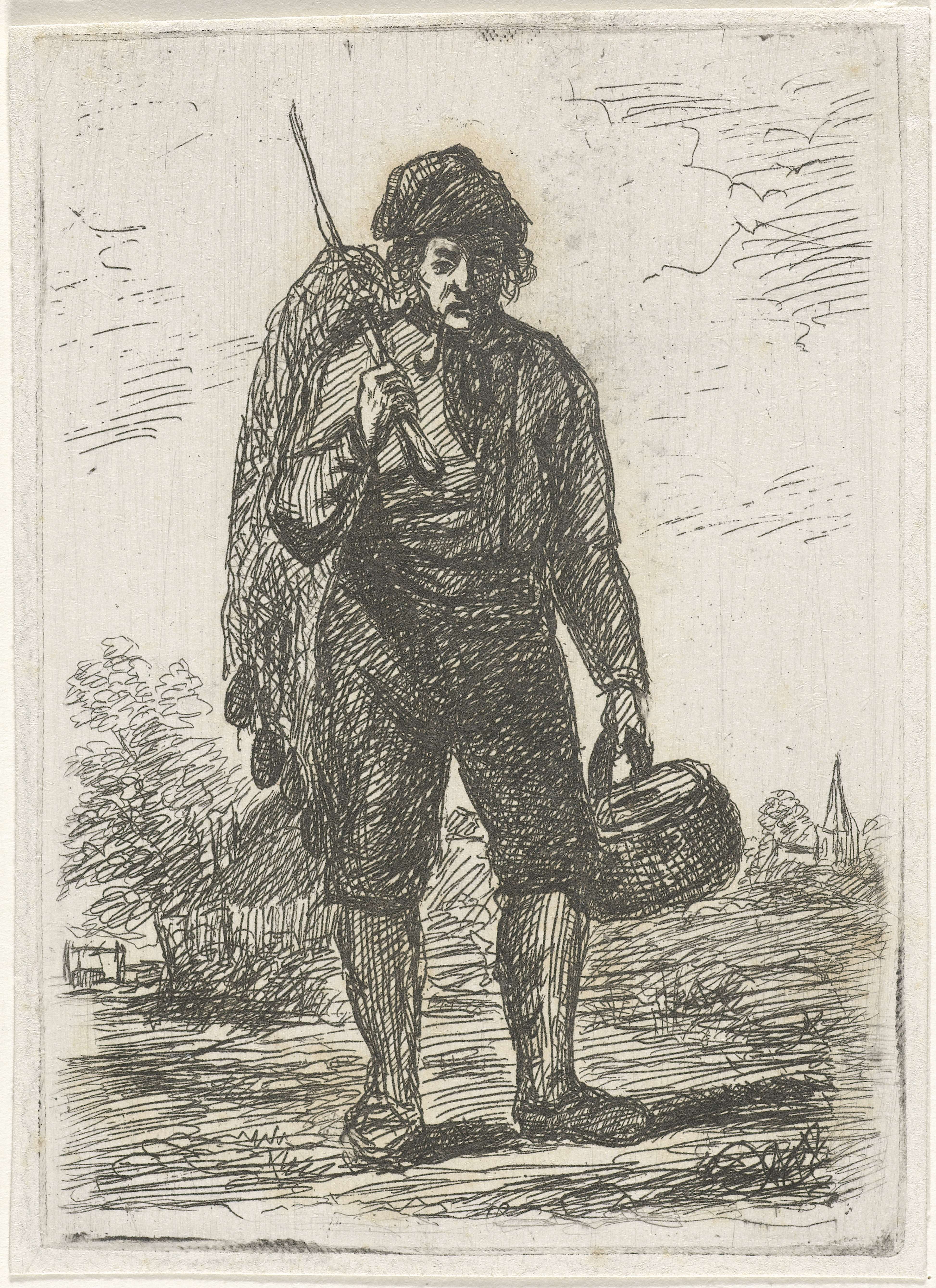 Etching by David van der Kellen depicting a solitary figure fishing on water