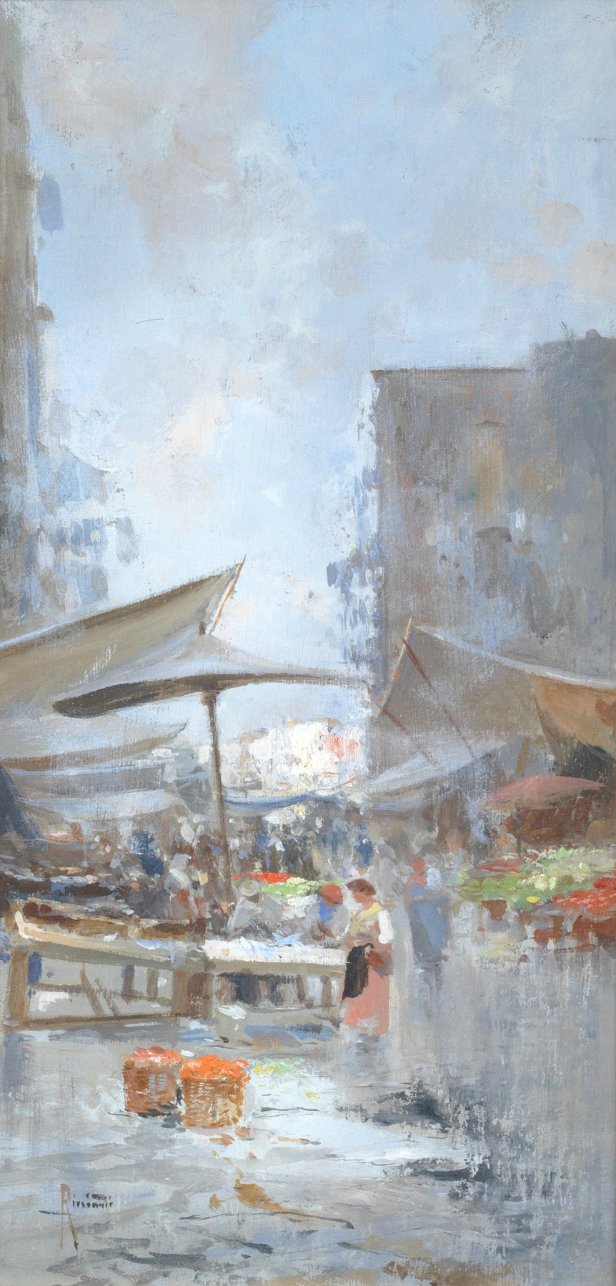 Genre scene of a street market in Naples, oil on canvas by Oscar Ricciardi
