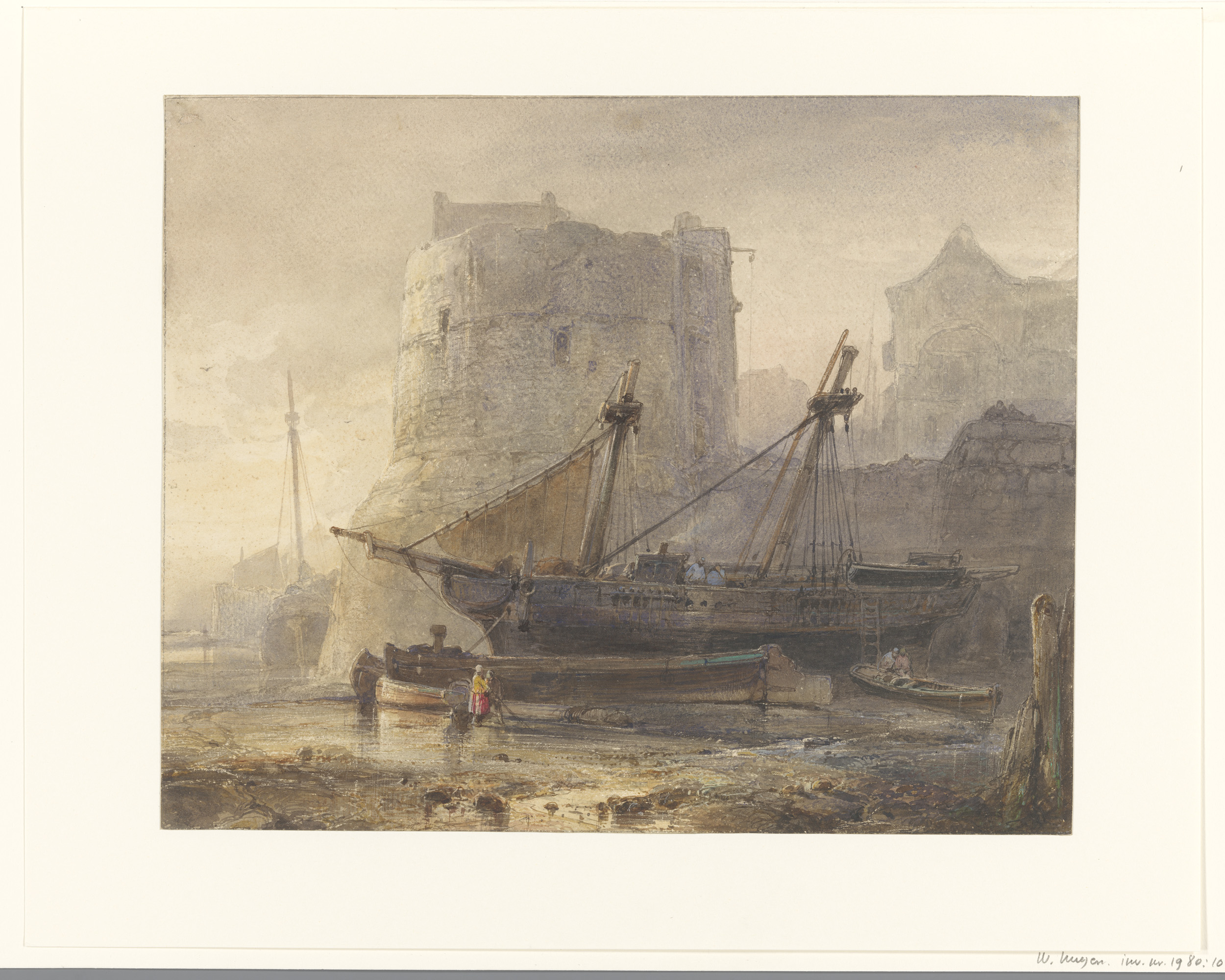 Marine scene with grounded boats in shallow water, oil painting by Wijnand Nuijen, 1836