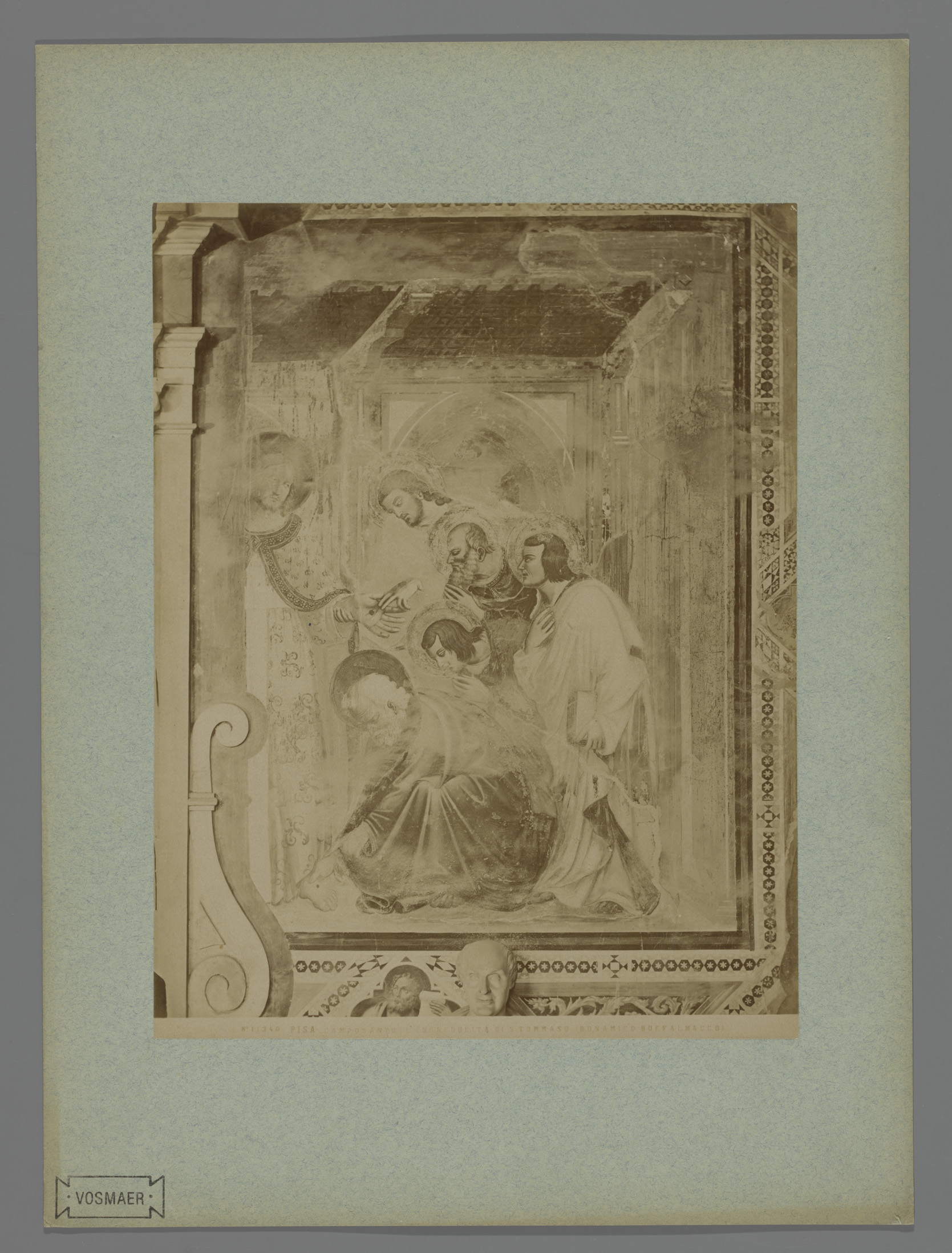 Fotoreproductie van het fresco Ongeloof van Thomas door Buffalmacco in het Camposanto te Pisa, Italië, by Fratelli Alinari, public domain
