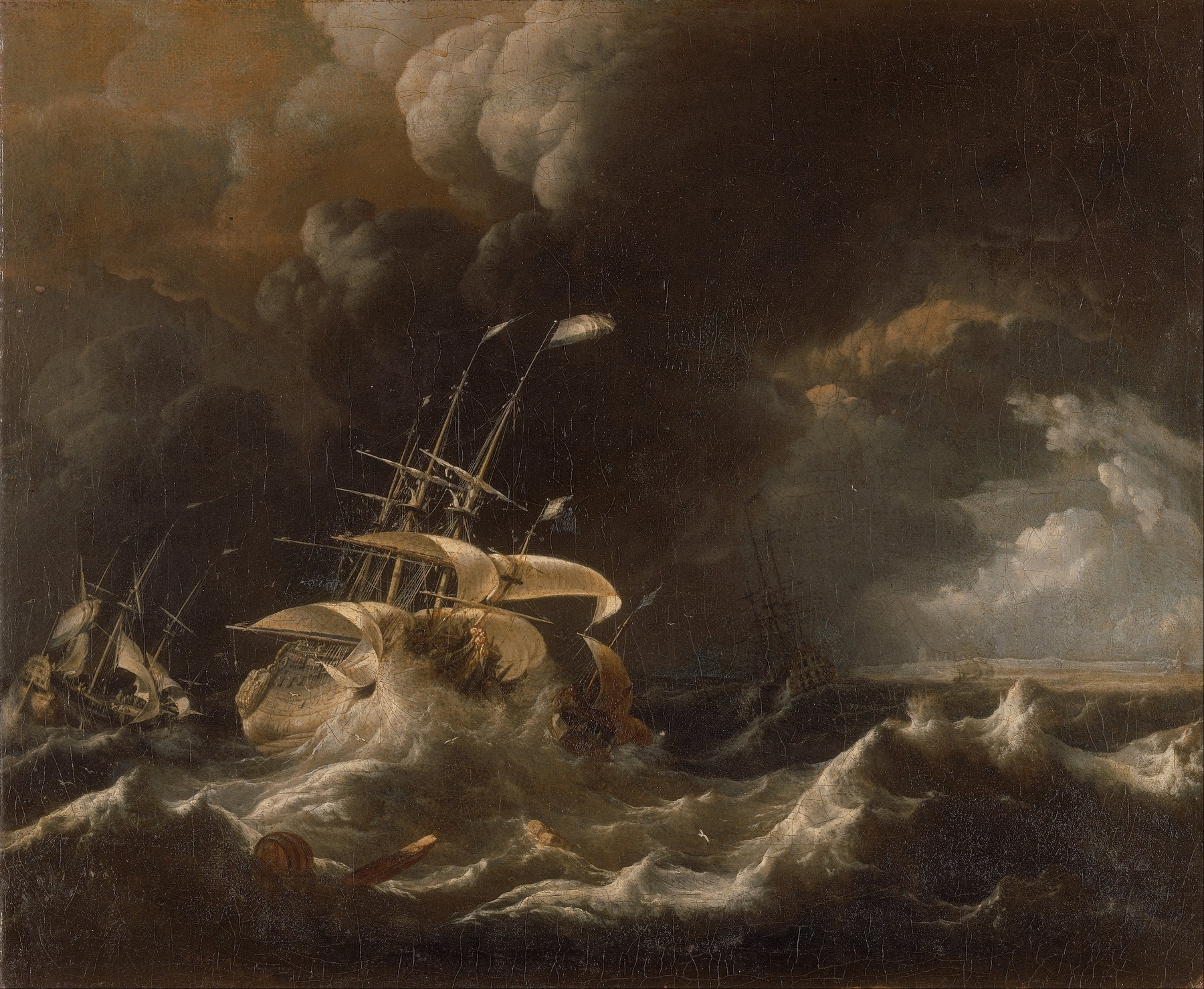 Dutch Merchant, Ships in a Storm, by Ludolf Backhuysen, public domain