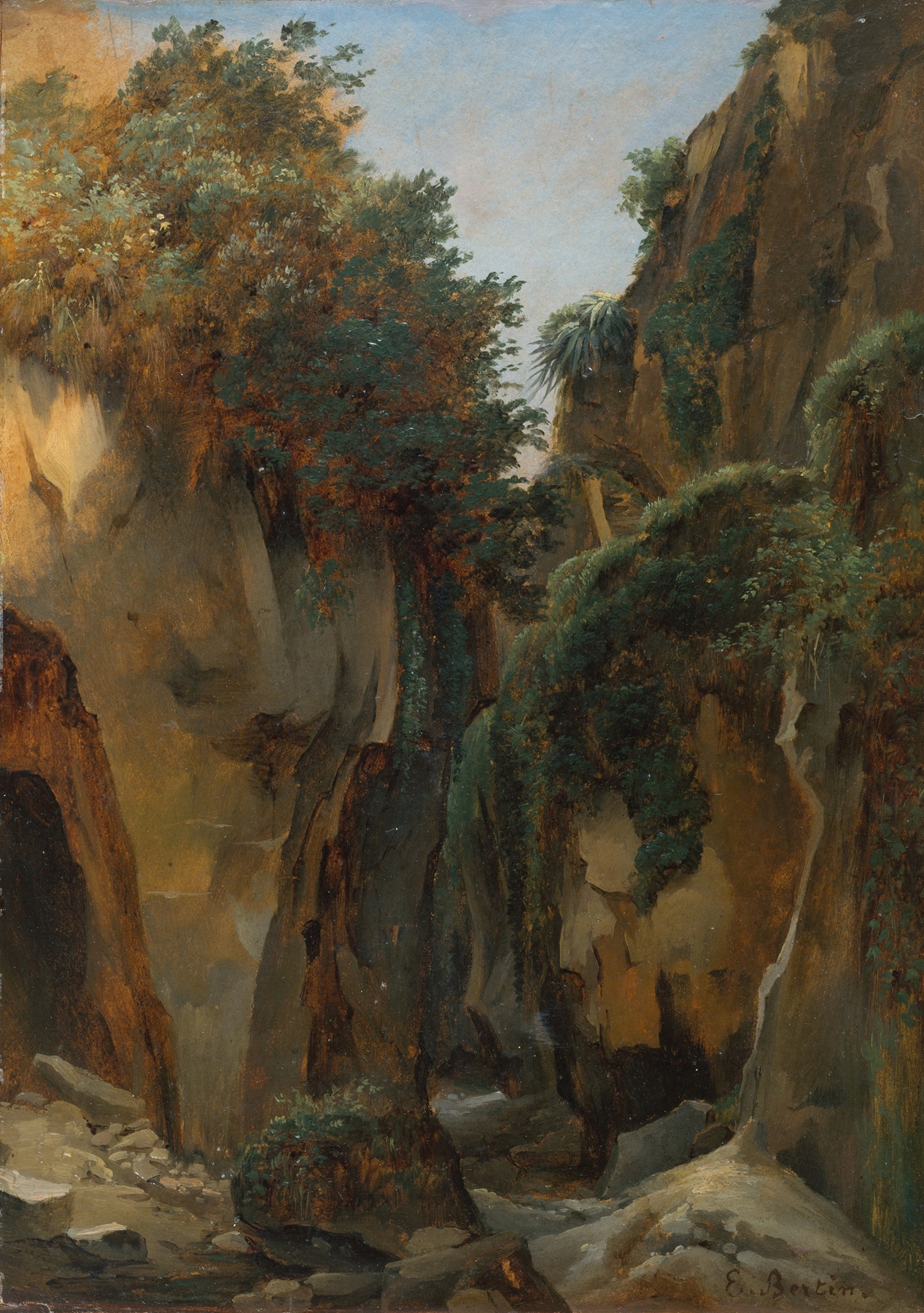 Ravine at Sorrento, oil painting by François Edouard Bertin, depicting a lush Italian landscape with light and shadow.