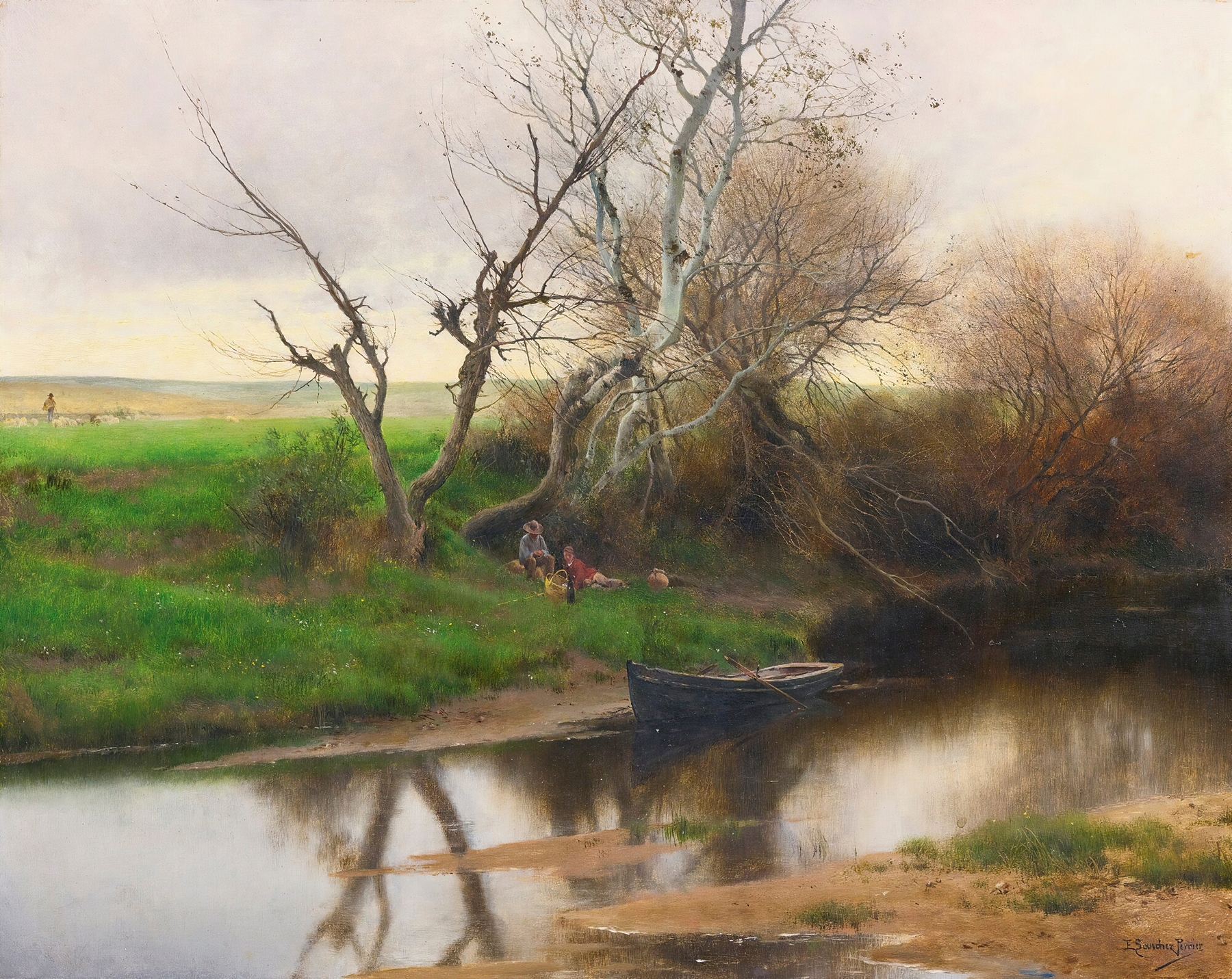 A Quiet Stretch of River by Emilio Sánchez-Perrier, impressionism, landscape