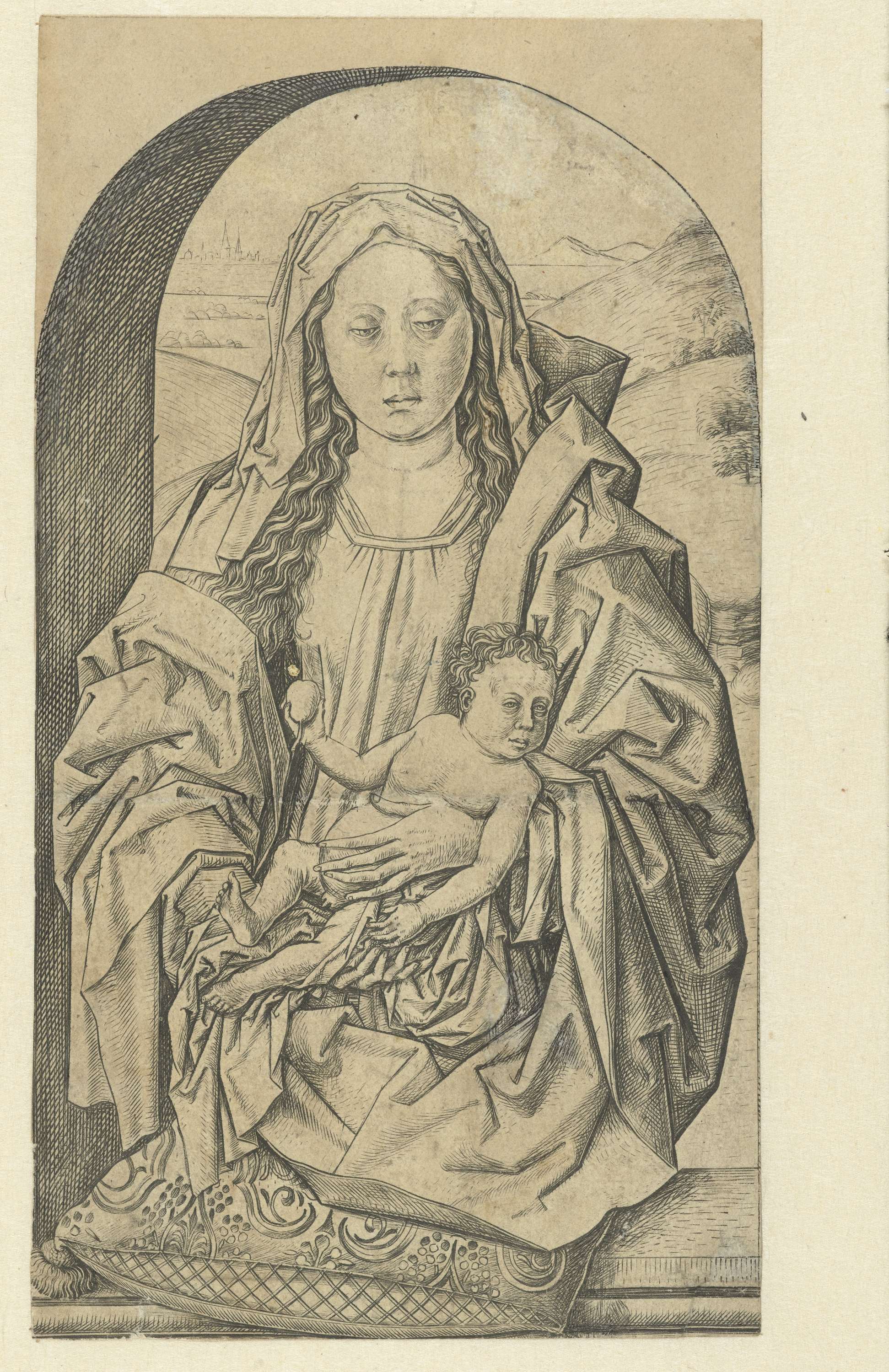 Madonna holding child with a pear, engraving by Meester FVB