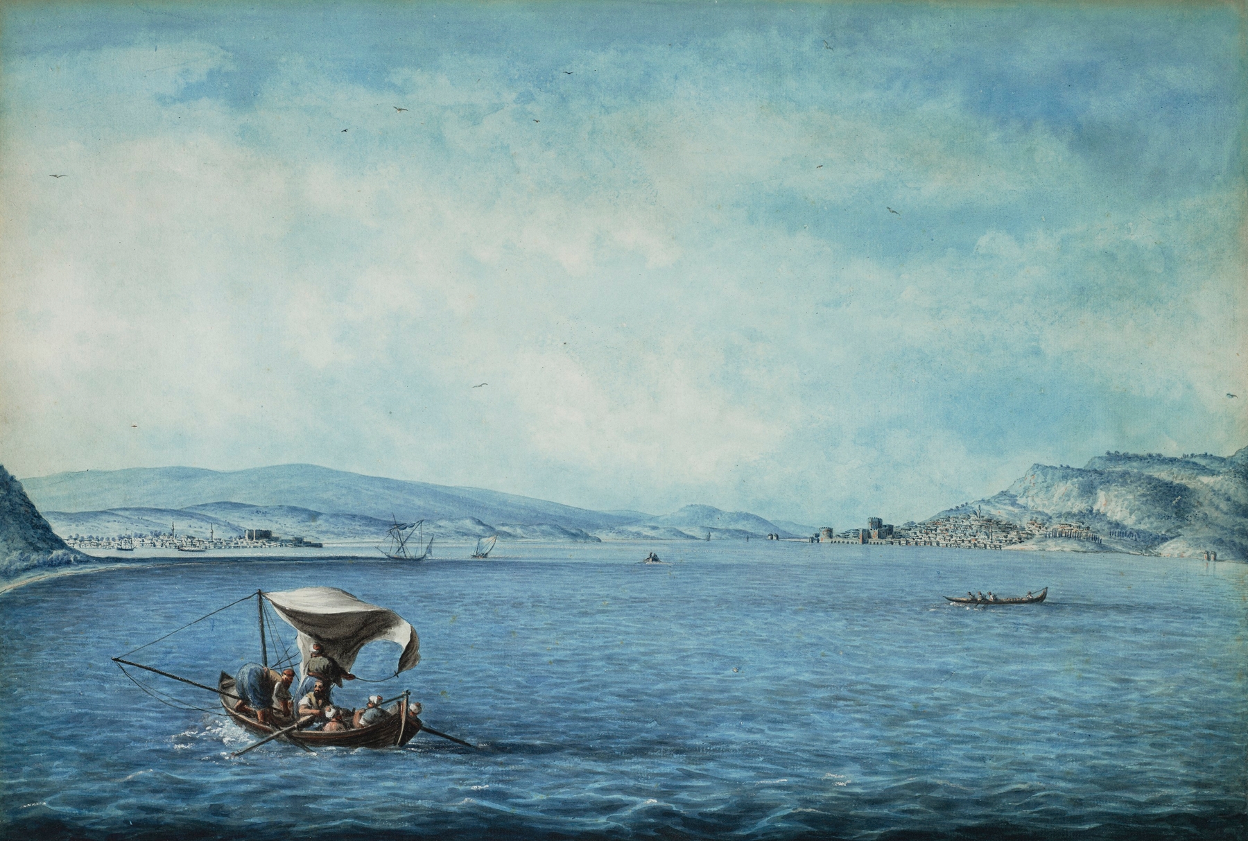 Watercolour by Luigi Mayer depicting a serene marine landscape.
