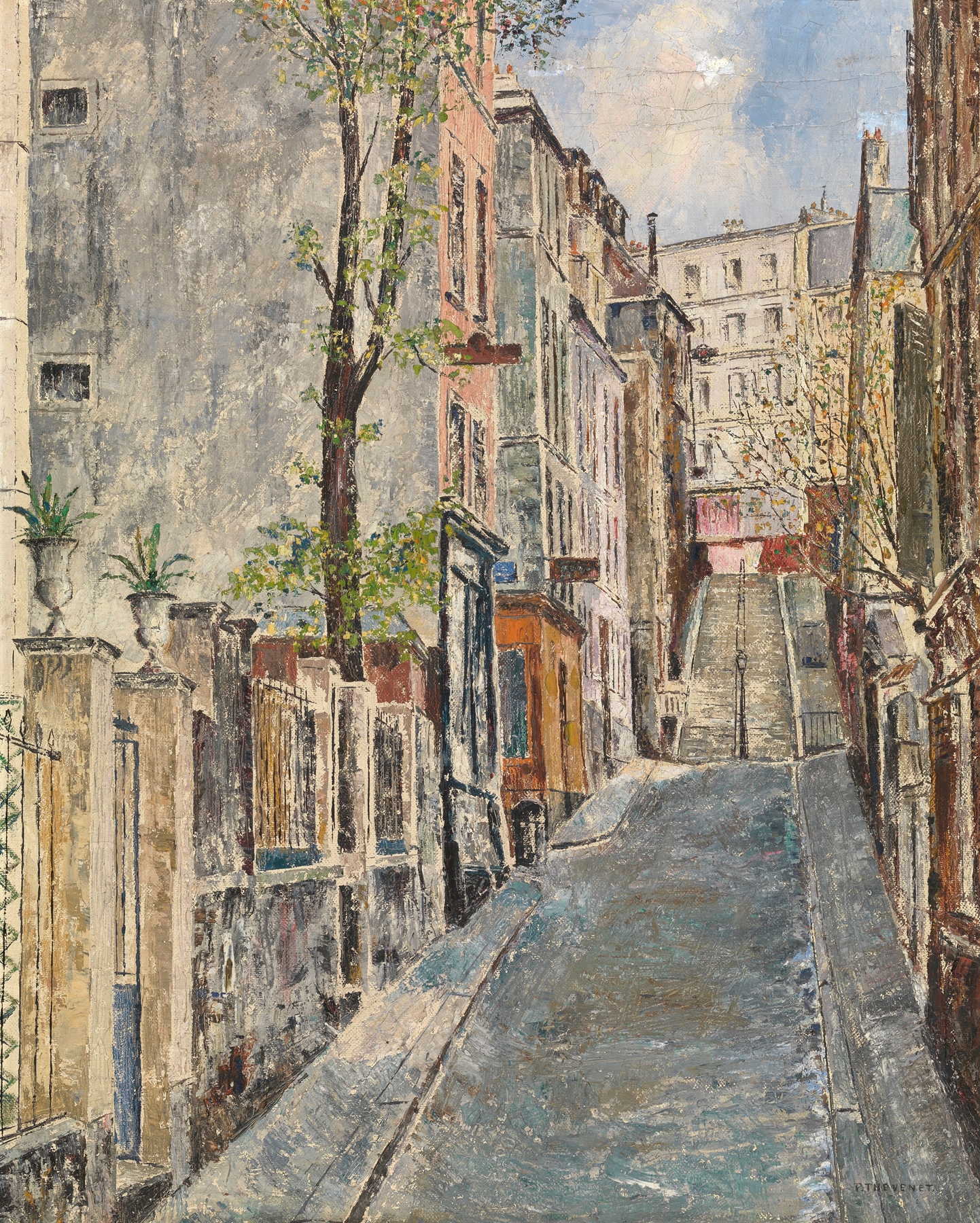 Landscape of Montmartre by Pierre Thevenet, oil on canvas, featuring vibrant colors and sunset.