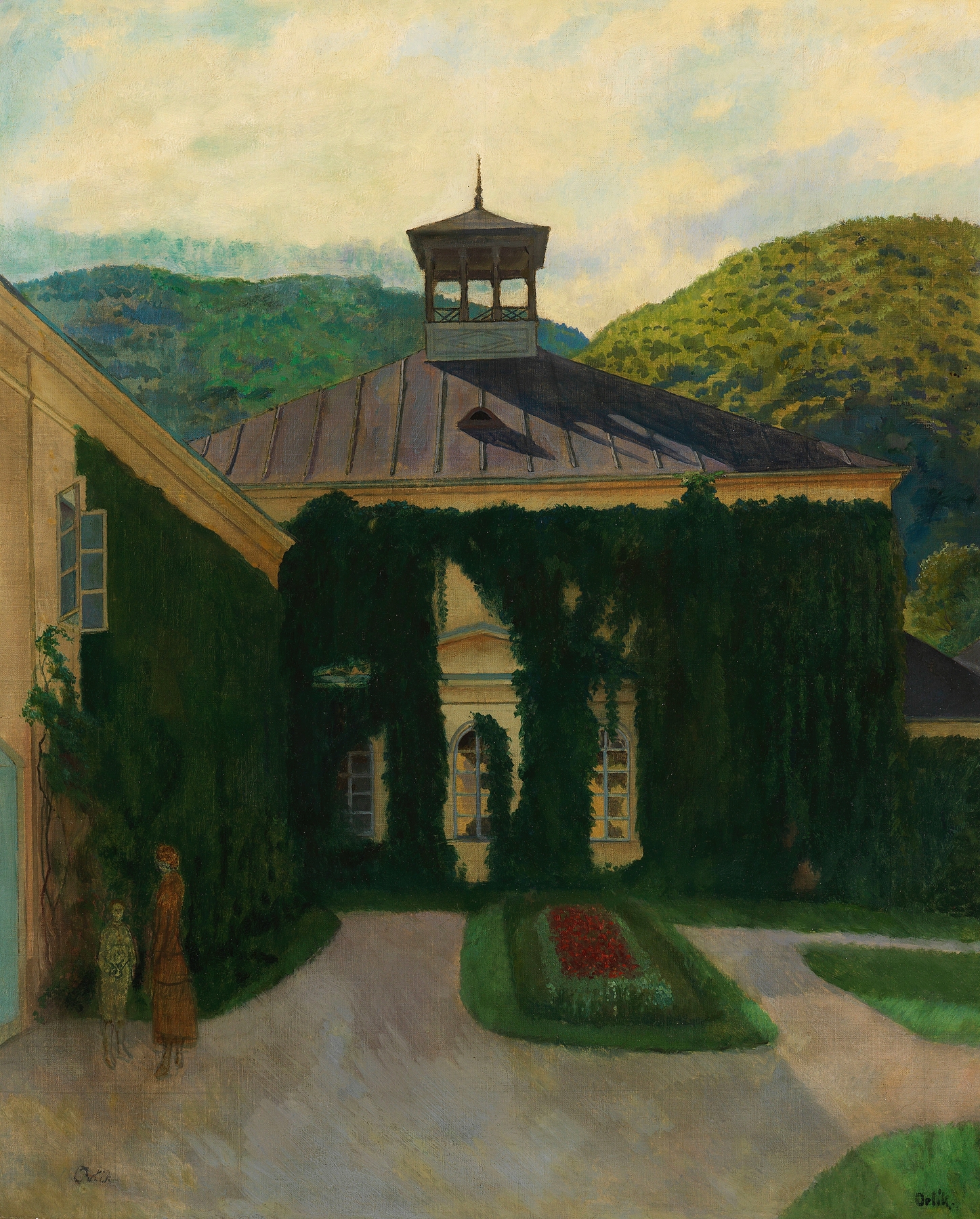 Color lithograph by Emil Orlik depicting a castle in a hilly landscape at sunset.