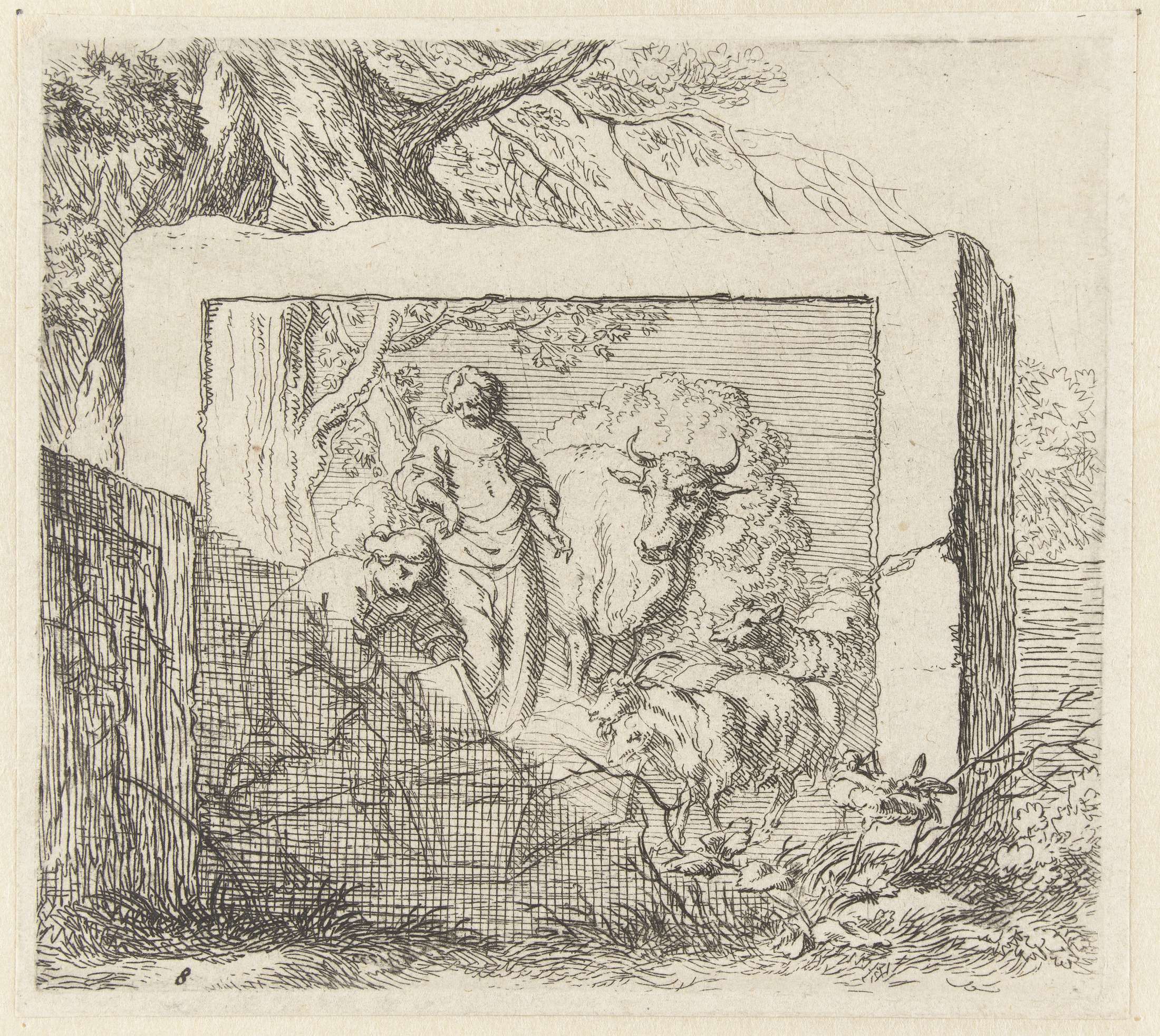Etching by Nicolaes Pietersz Berchem depicting a shepherd pouring water into a trough