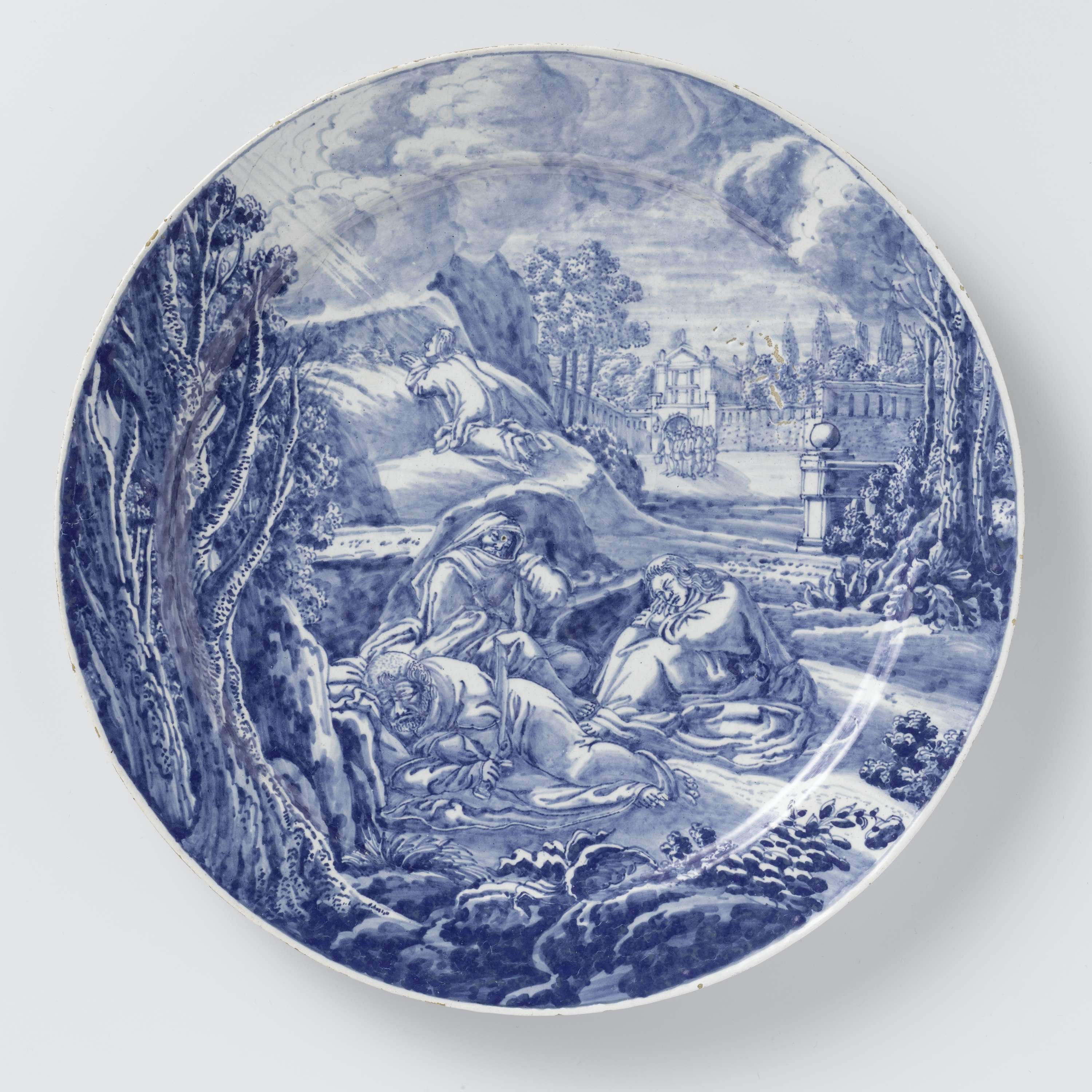 Plate with Christ on the Mount of Olives, earthenware by De Roos, depicting Christ in prayer.