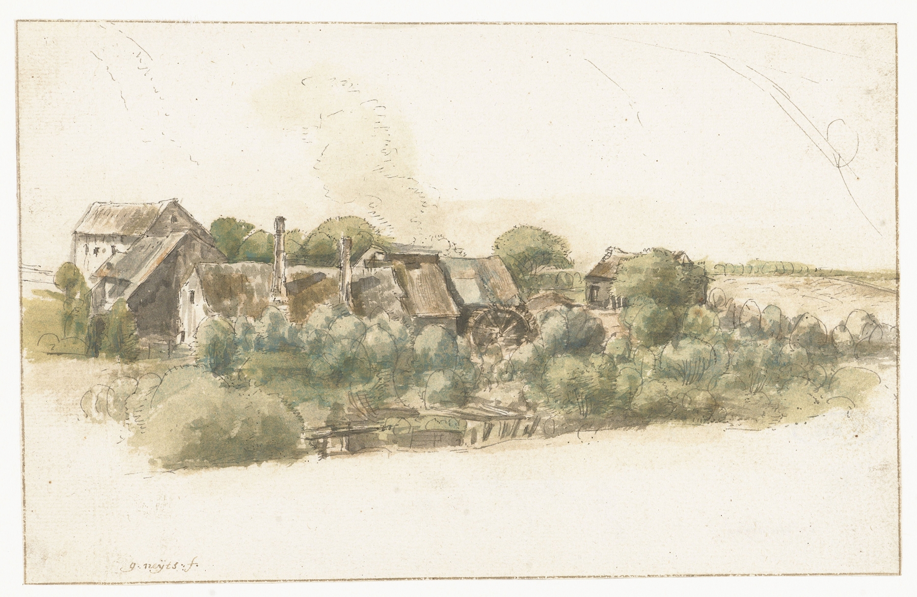 Landscape with houses and a watermill, oil on canvas by Gillis Neyts