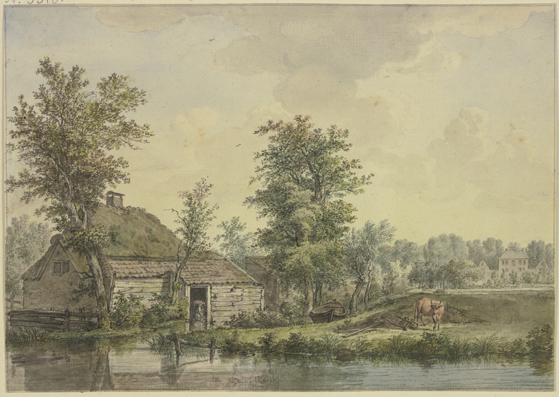 Landscape featuring a farmhouse and a cow, oil painting by Jacob van Liender